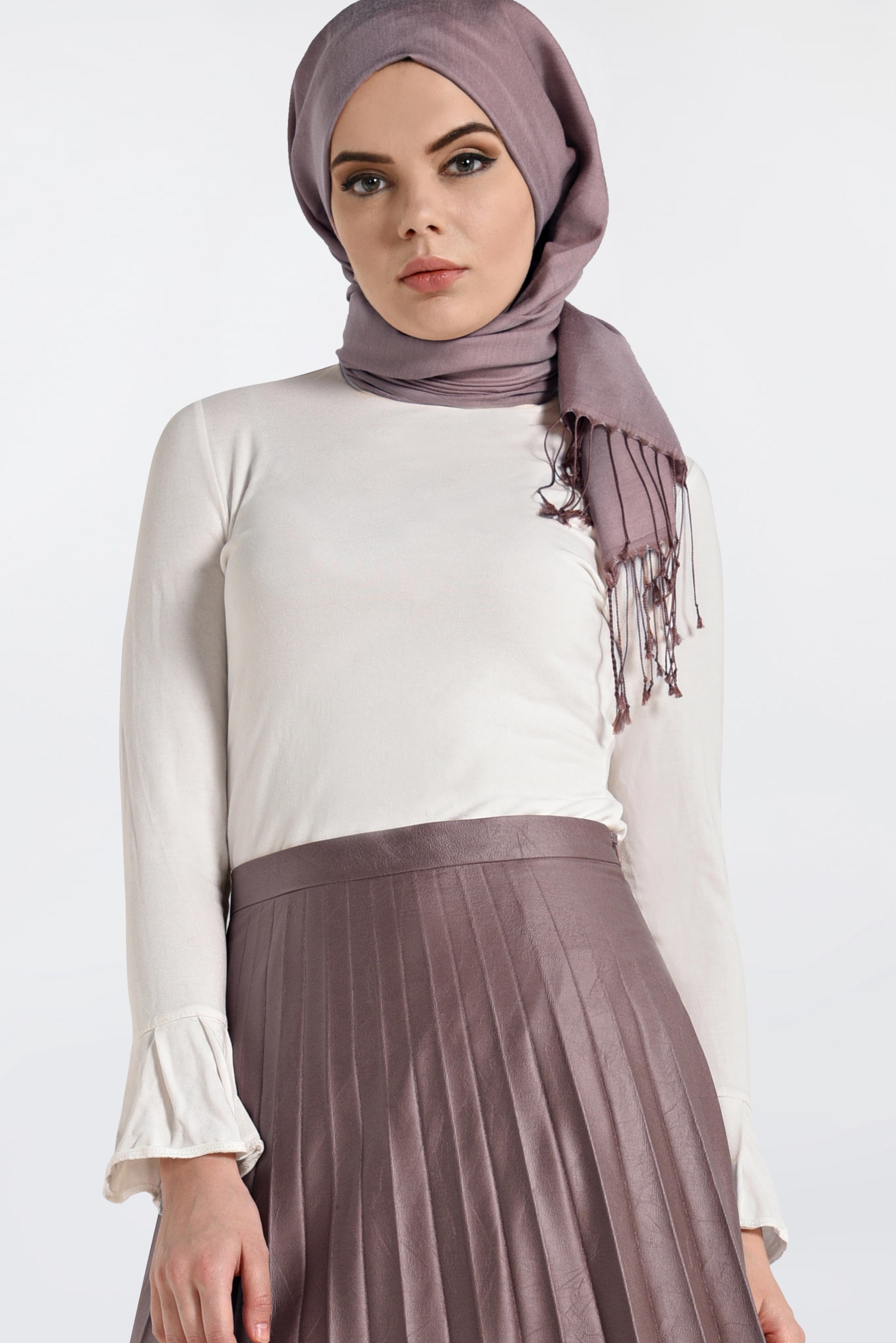 Tesettür giyim PUDRA YÜKSEK BEL PİLİSELİ DERİ ETEK 6301