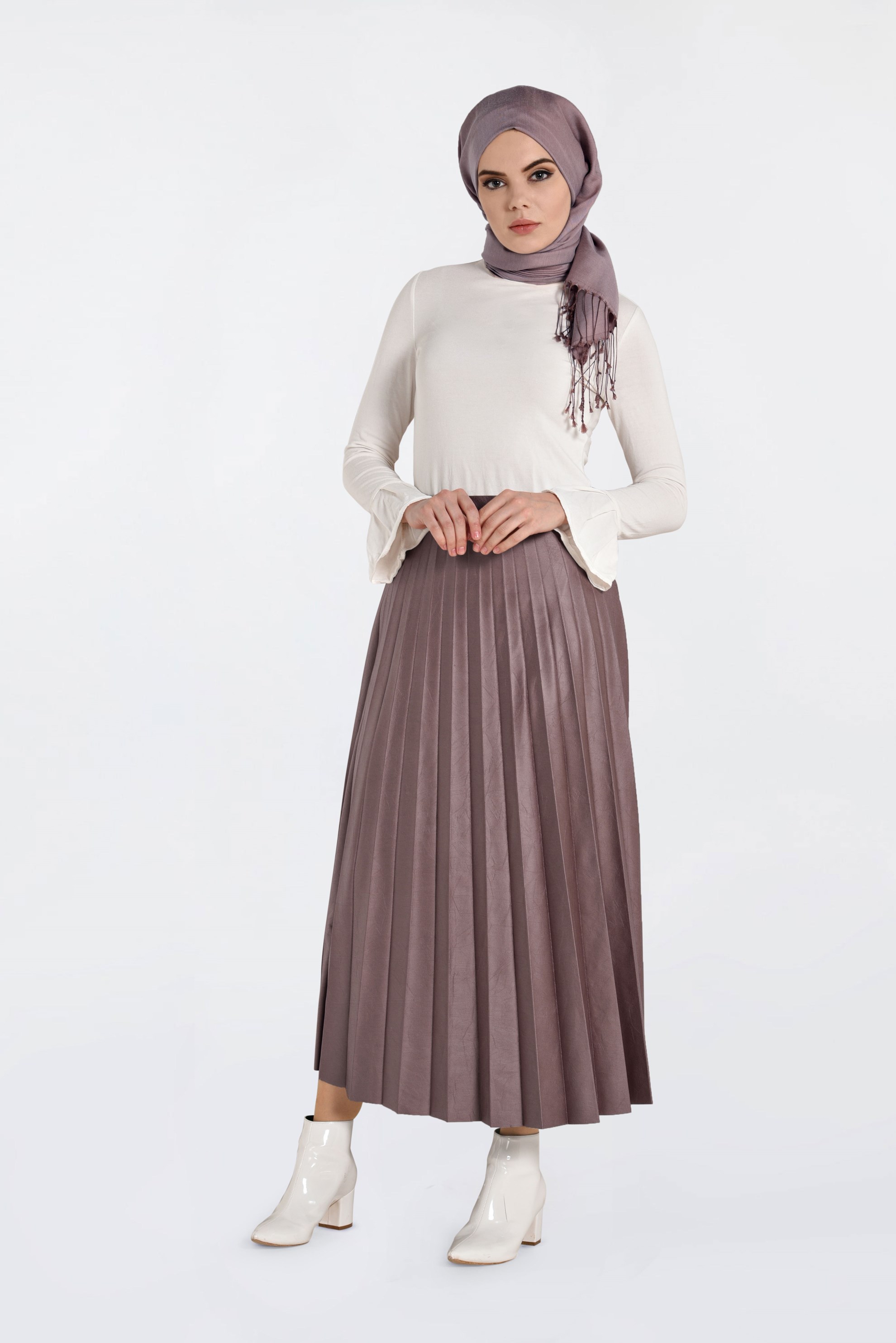Tesettür giyim PUDRA YÜKSEK BEL PİLİSELİ DERİ ETEK 6301