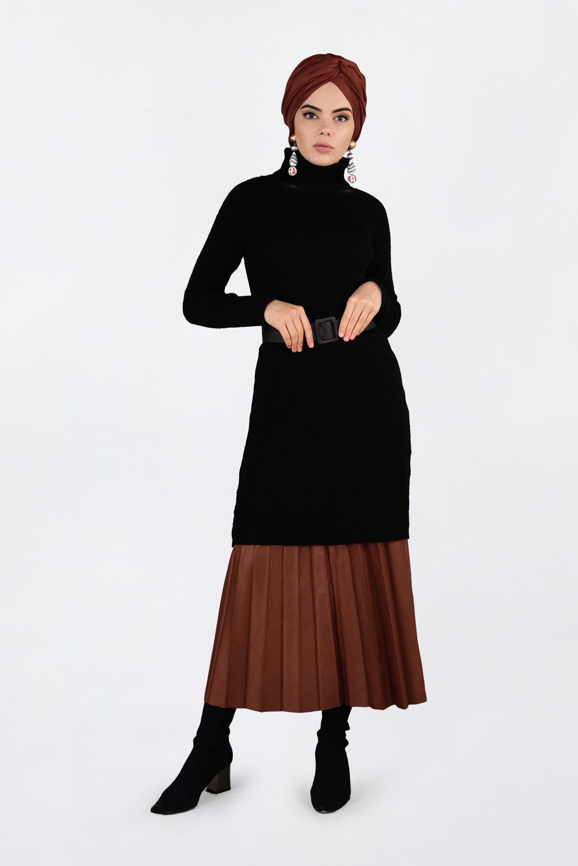 Tesettür giyim TABA YÜKSEK BEL PİLİSELİ DERİ ETEK 6301