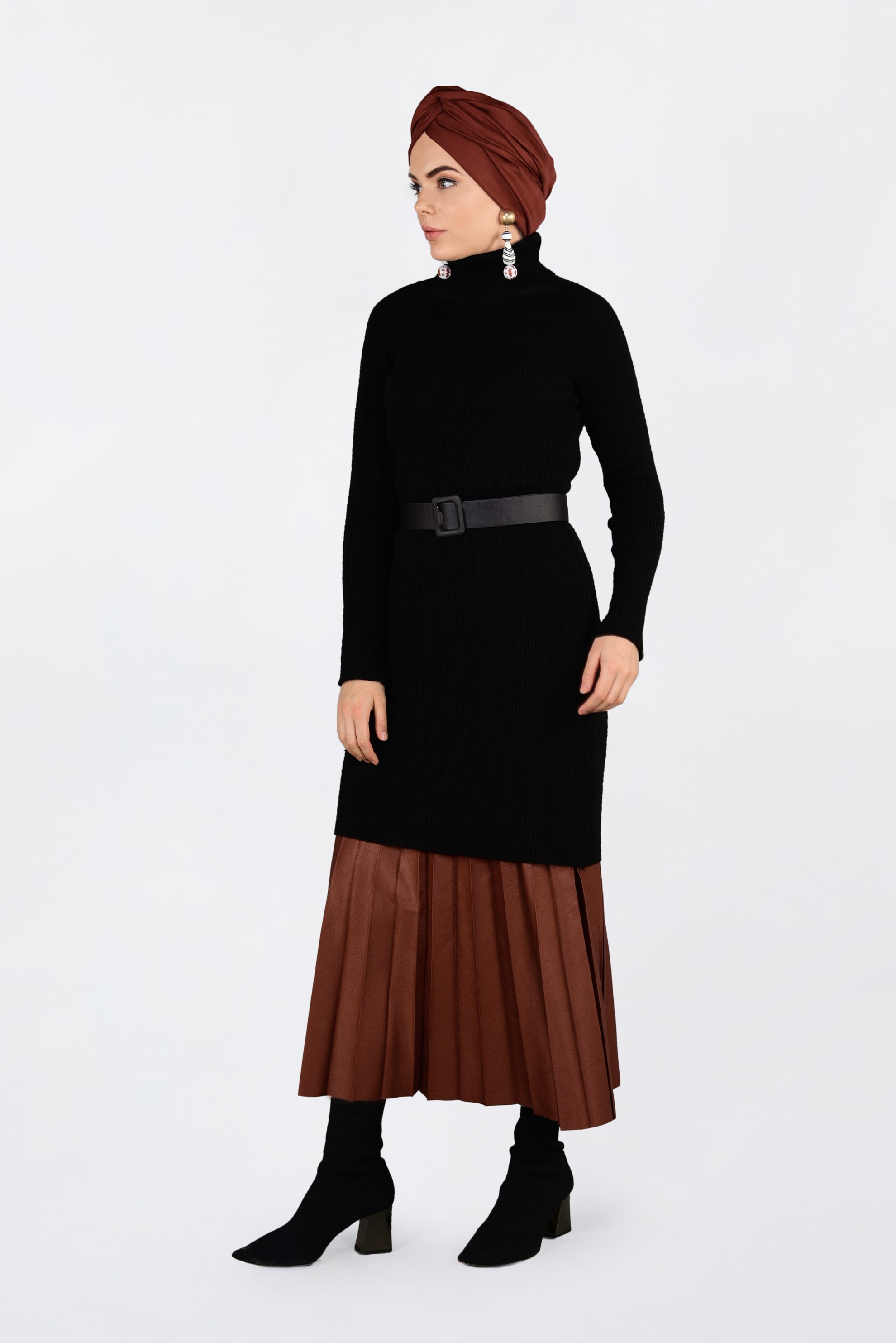 Tesettür giyim TABA YÜKSEK BEL PİLİSELİ DERİ ETEK 6301