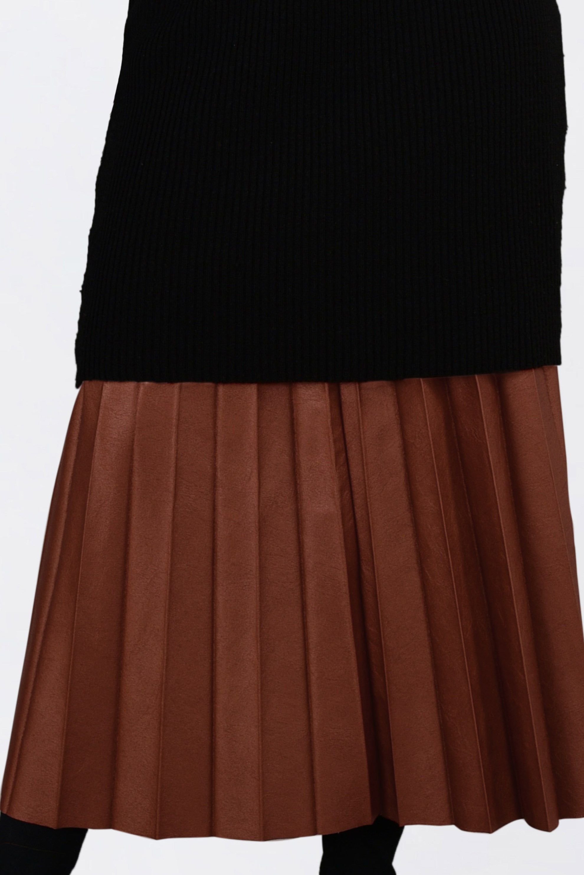 Tesettür giyim TABA YÜKSEK BEL PİLİSELİ DERİ ETEK 6301