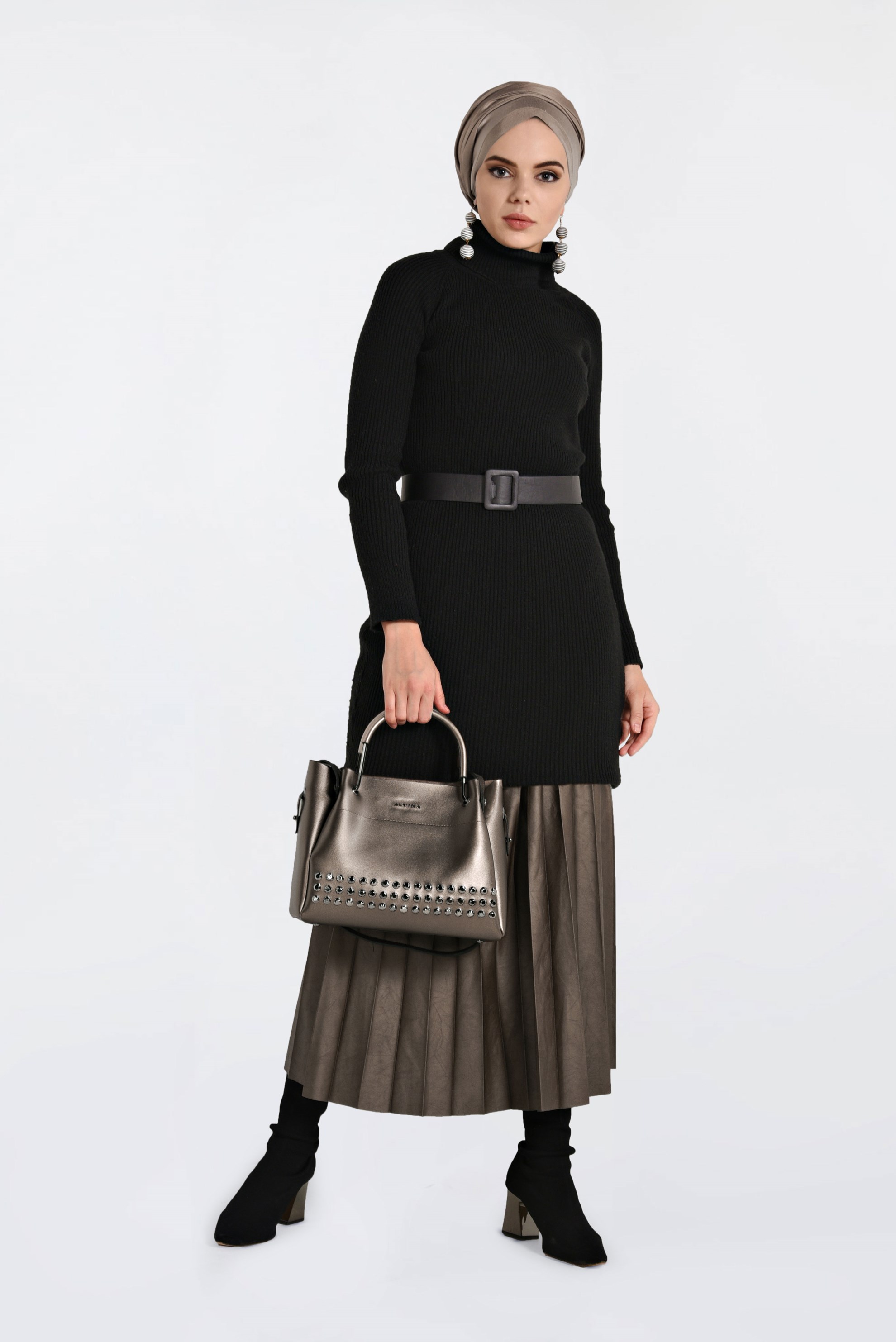 Tesettür giyim VİZON YÜKSEK BEL PİLİSELİ DERİ ETEK 6301