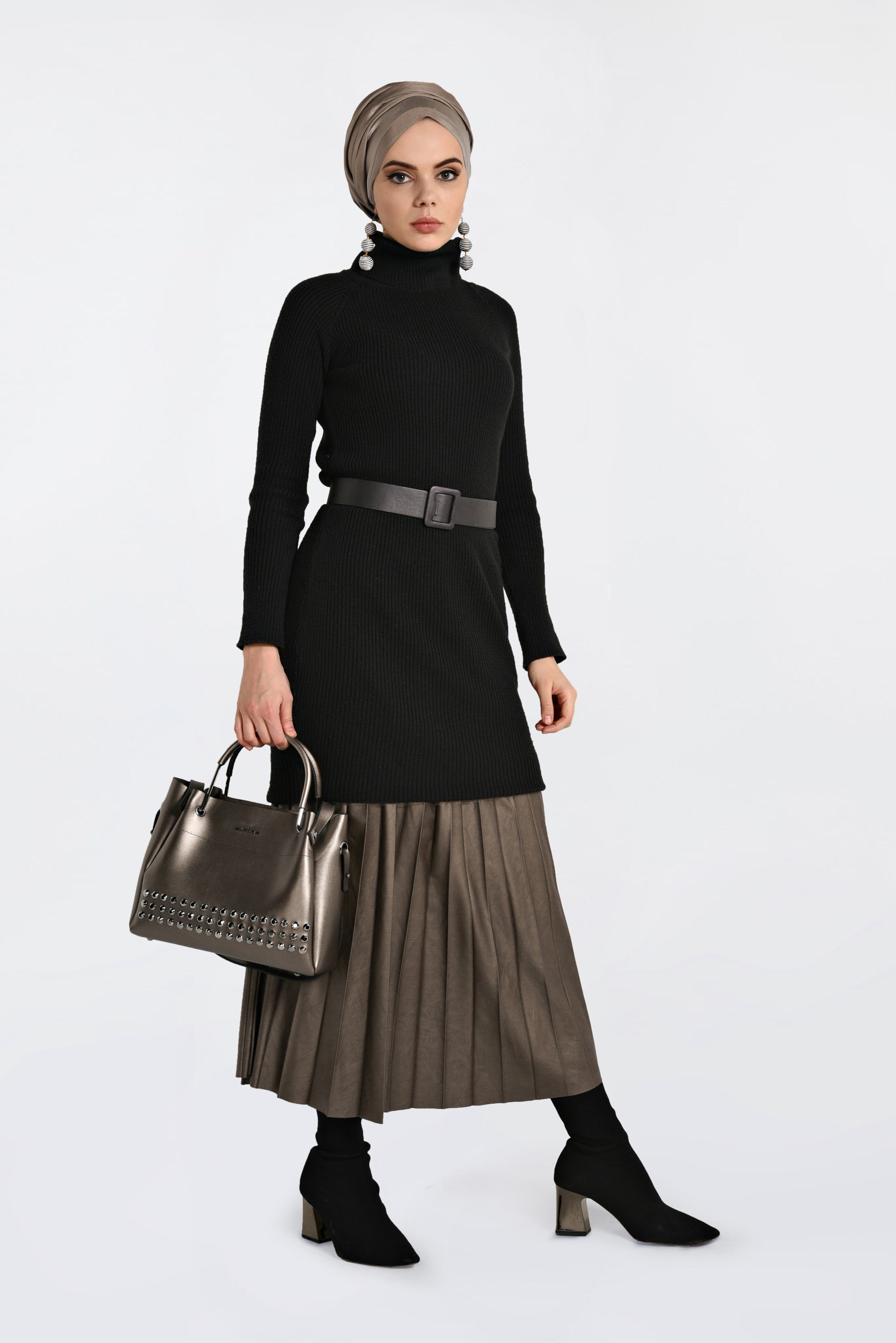 Tesettür giyim VİZON YÜKSEK BEL PİLİSELİ DERİ ETEK 6301