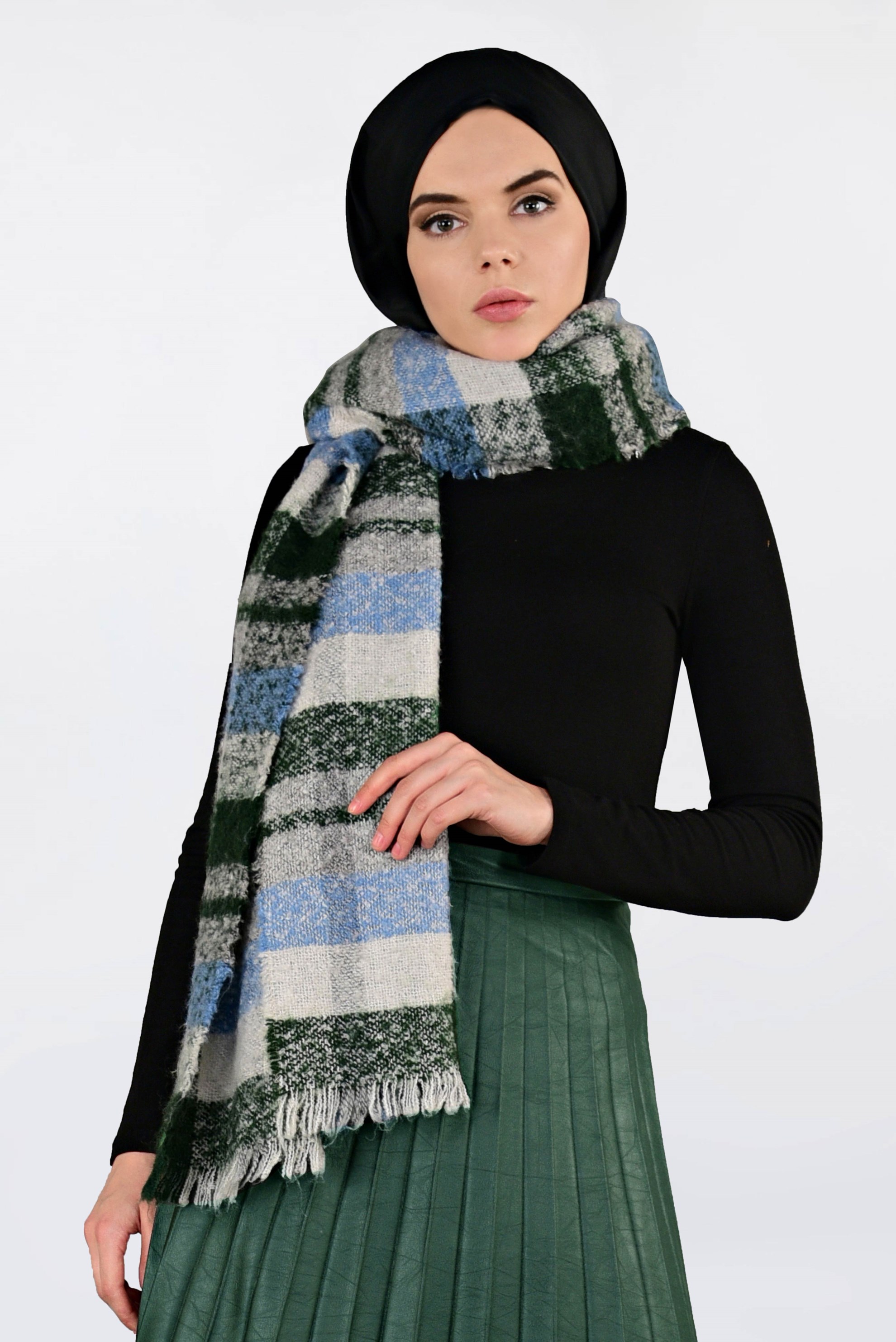 Tesettür giyim YEŞİL YÜKSEK BEL PİLİSELİ DERİ ETEK 6301