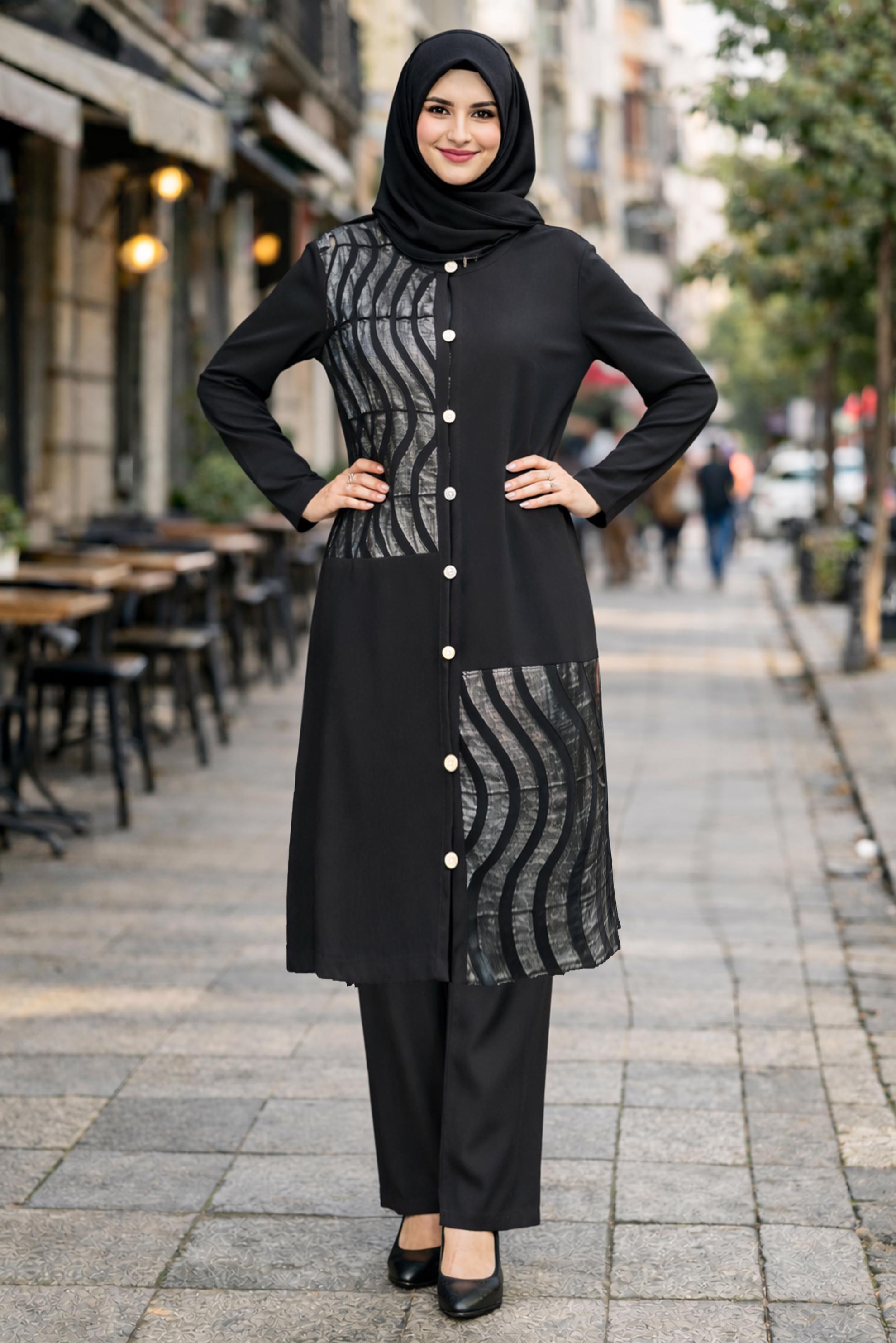 Tesettür giyim SİYAH DÜĞMELİ HIRKA 2848
