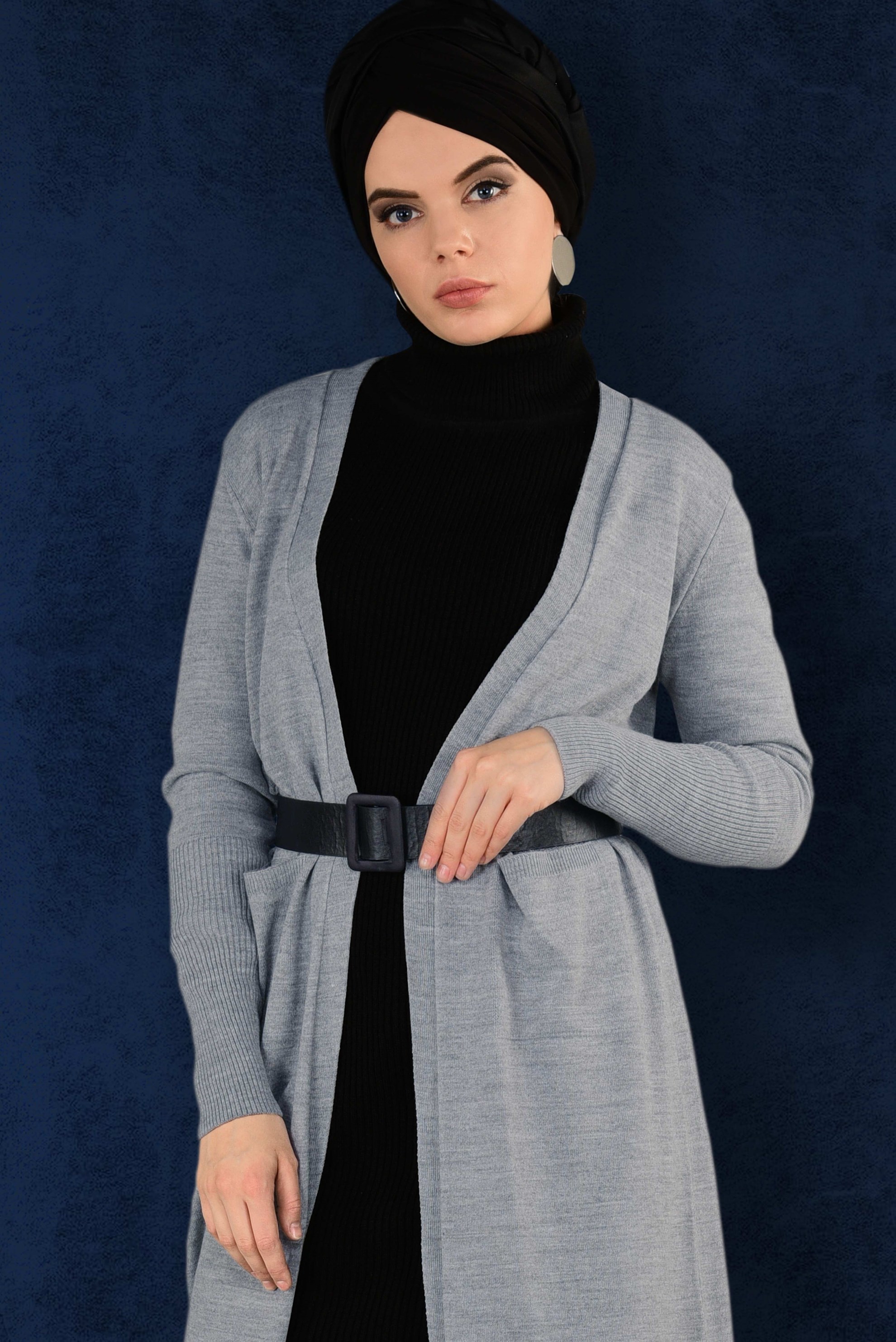Tesettür giyim GRİ CEPLİ UZUN HIRKA 4834 