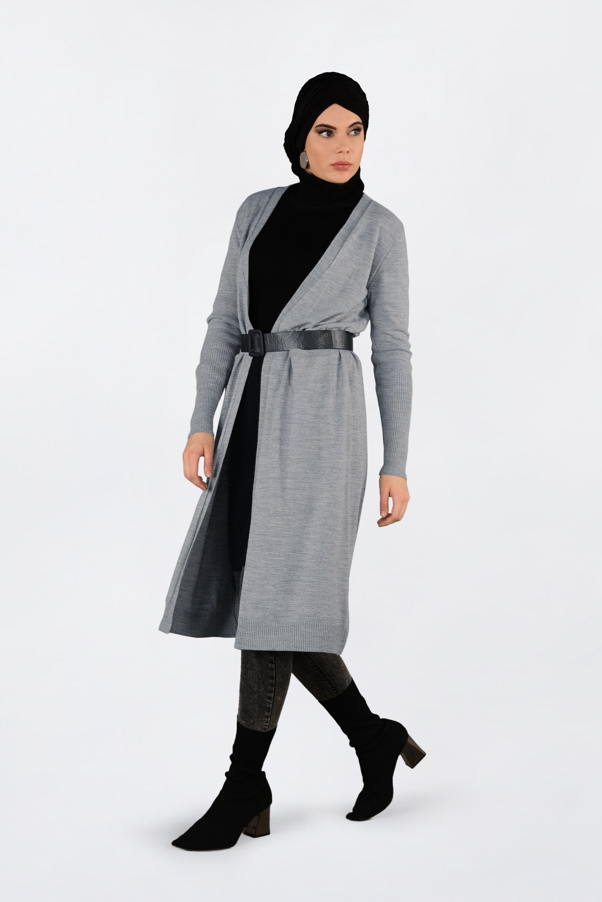 Tesettür giyim GRİ CEPLİ UZUN HIRKA 4834 