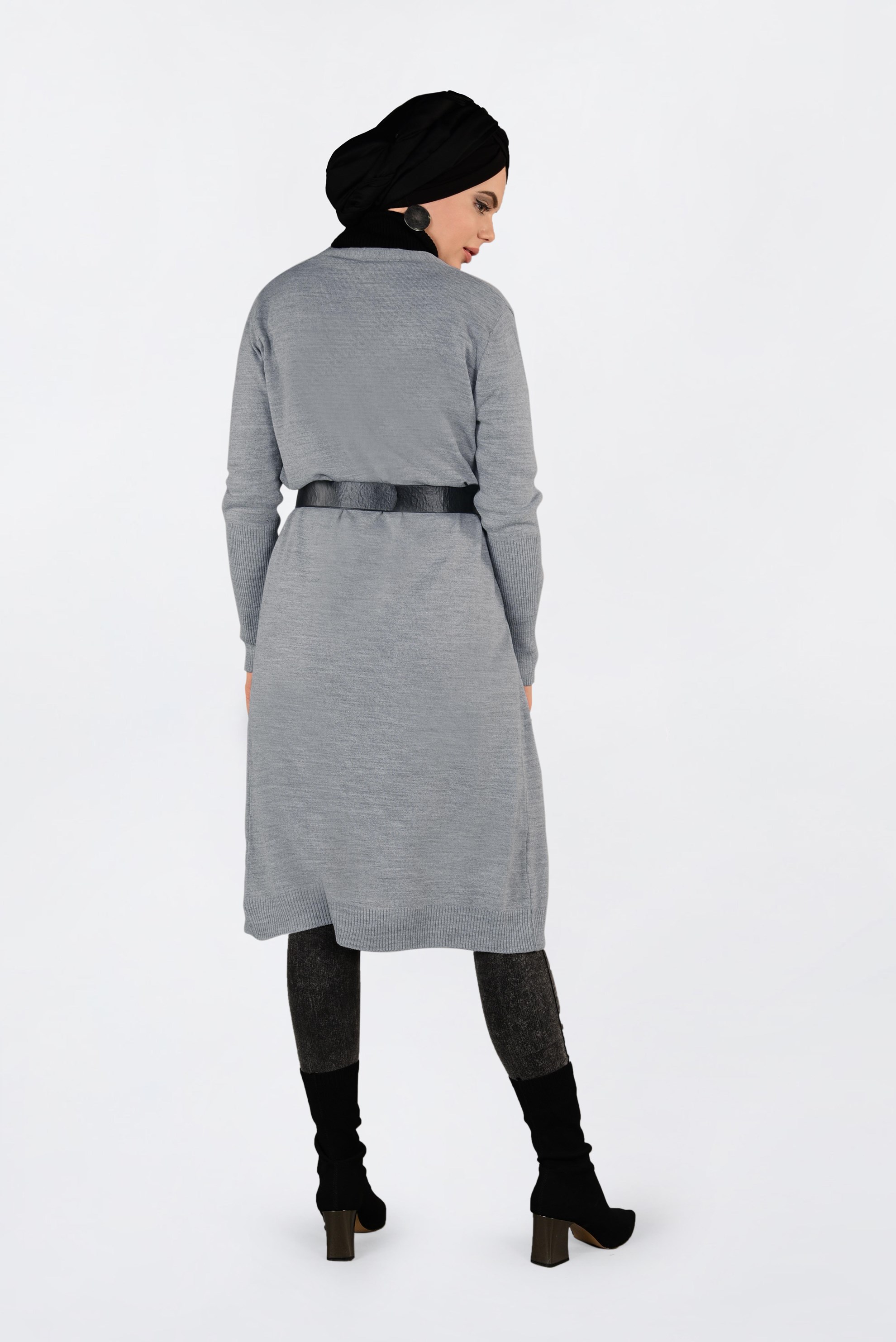 Tesettür giyim GRİ CEPLİ UZUN HIRKA 4834 