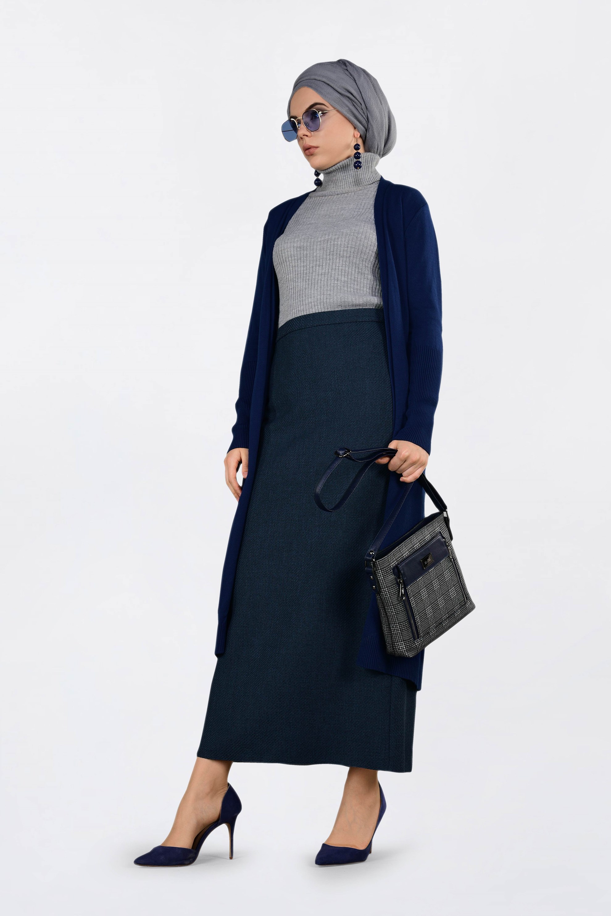 Tesettür giyim LACİVERT CEPLİ UZUN HIRKA 4834 