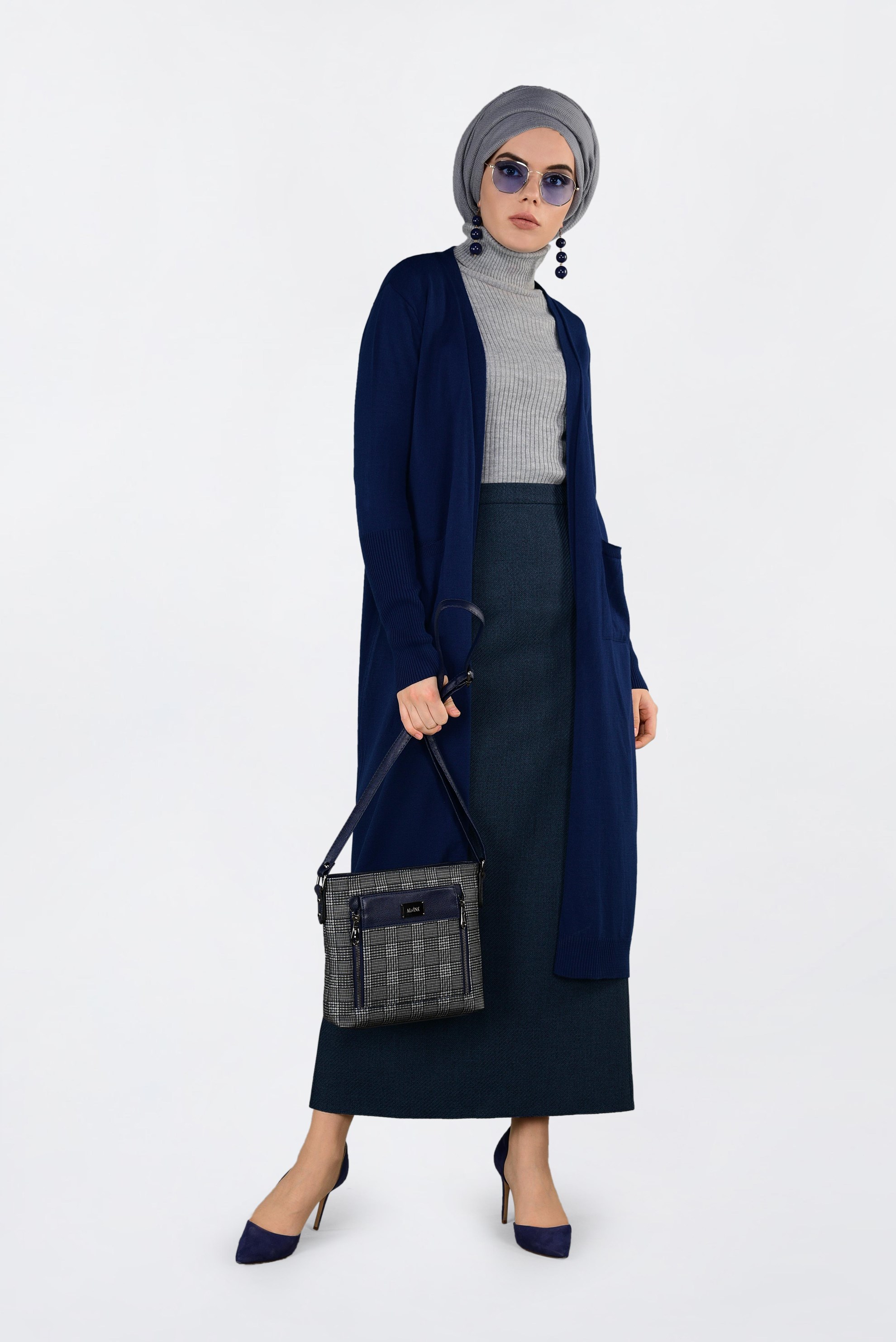 Tesettür giyim LACİVERT CEPLİ UZUN HIRKA 4834 