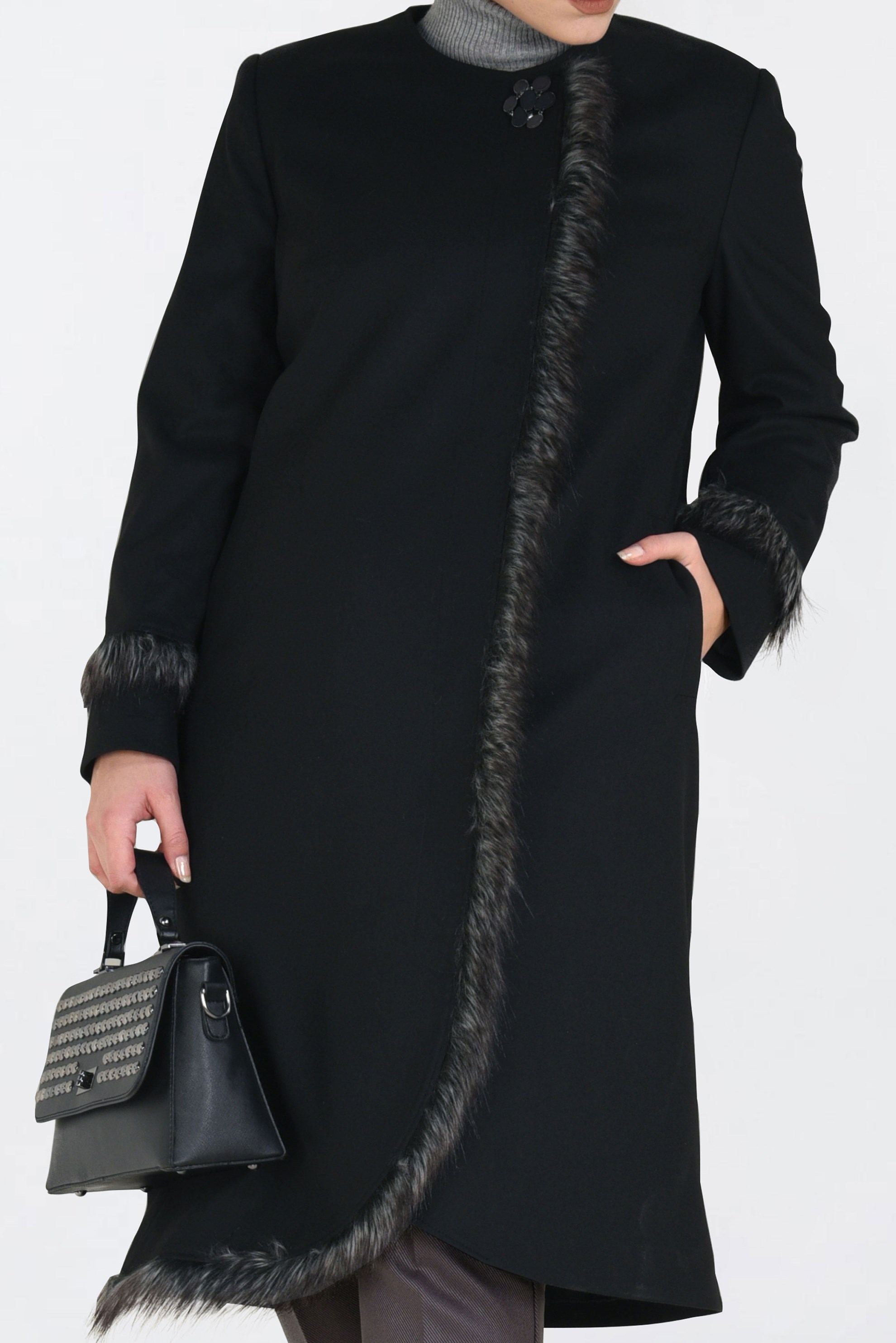 Tesettür giyim SİYAH KÜRK DETAYLI KAŞE KABAN 9763 