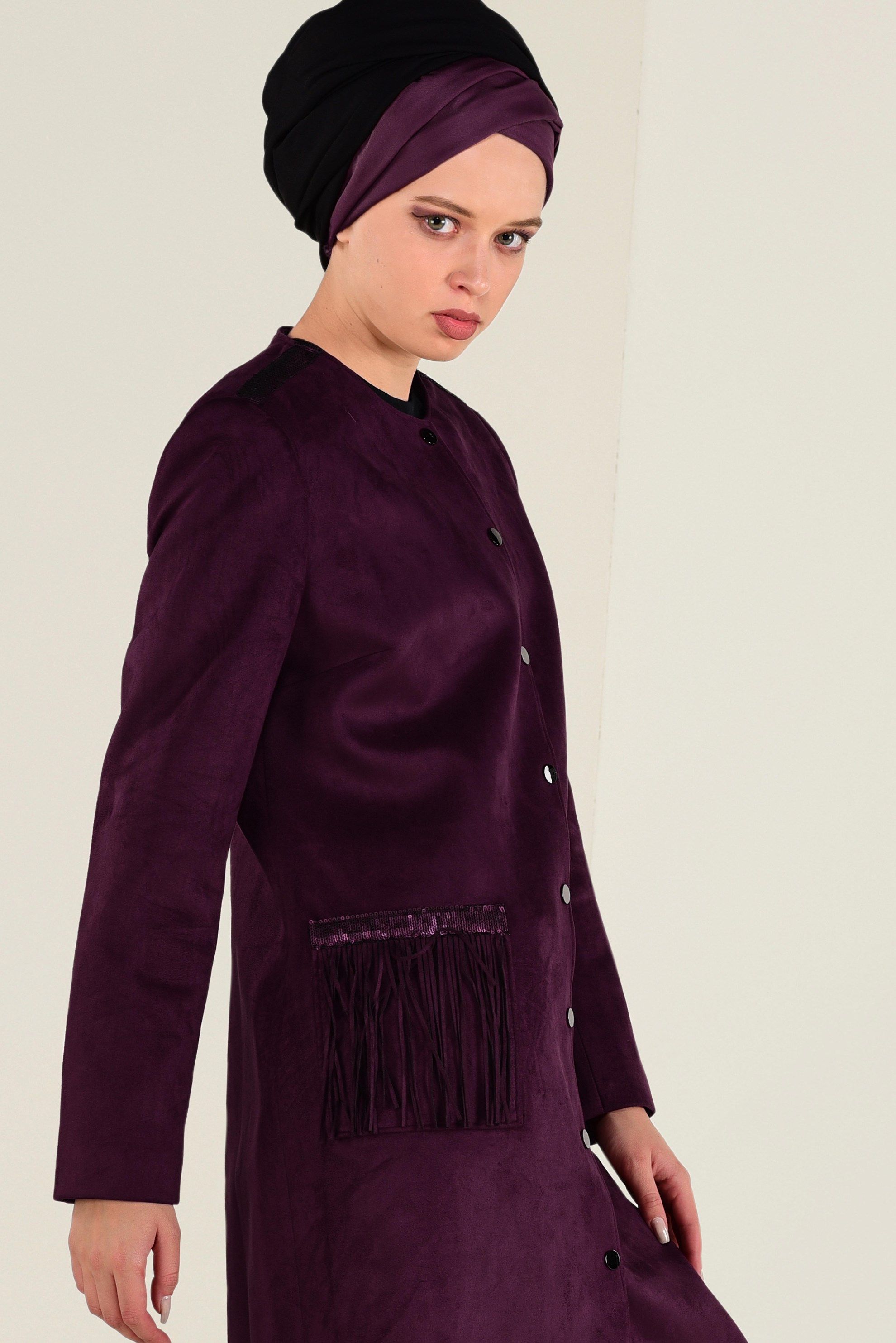 Tesettür giyim BORDO PÜSKÜL DETAYLI SÜET KABAN 9765