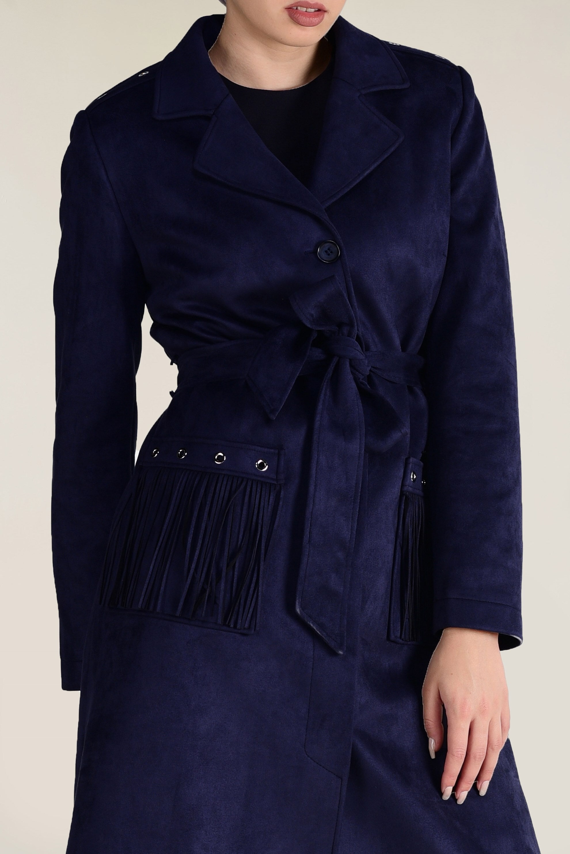 Tesettür giyim LACİVERT CEPLERİ PÜSKÜL DETAYLI SÜET KABAN 9776 