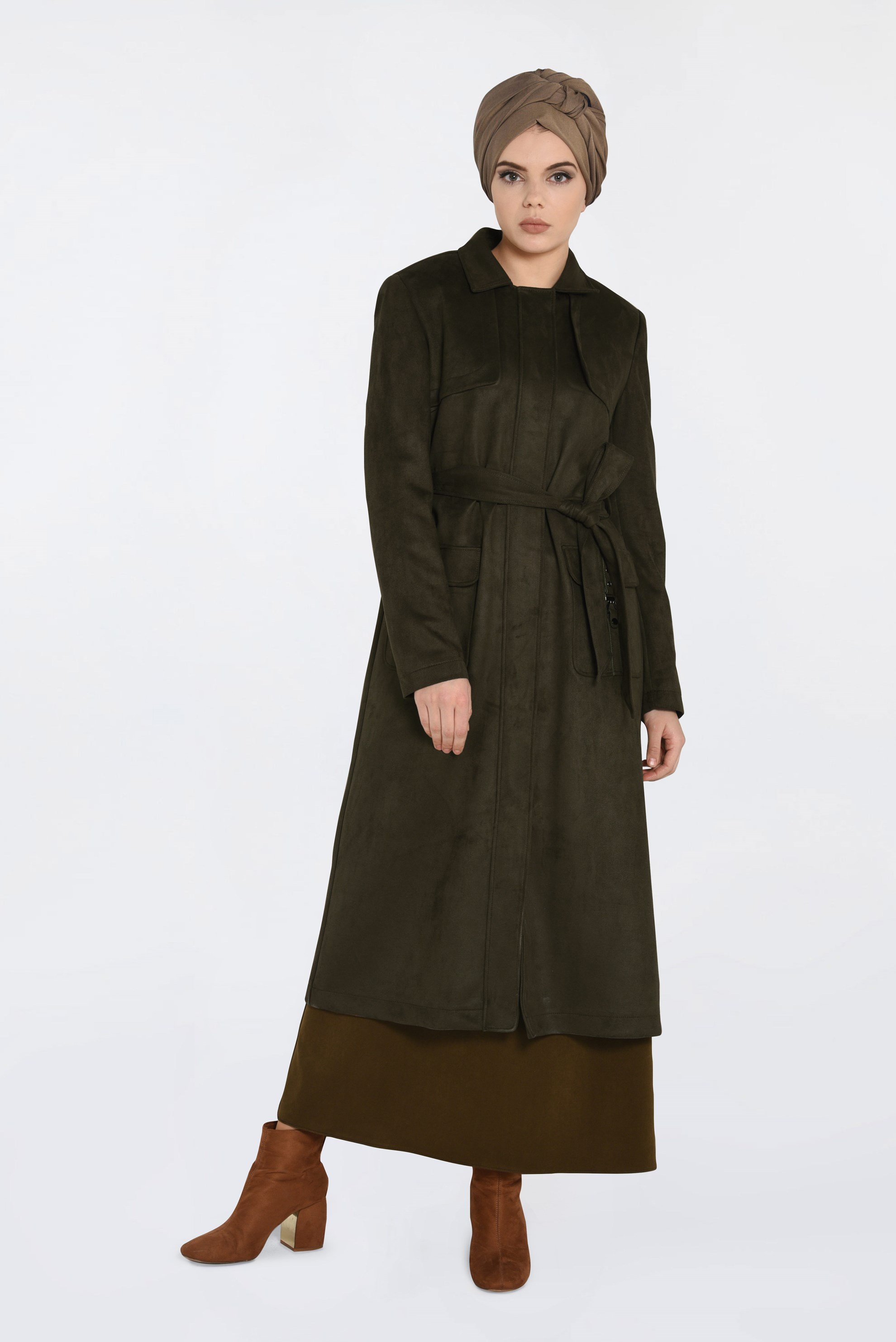 Tesettür giyim HAKİ BELİ KUŞAKLI SÜET KABAN 9781