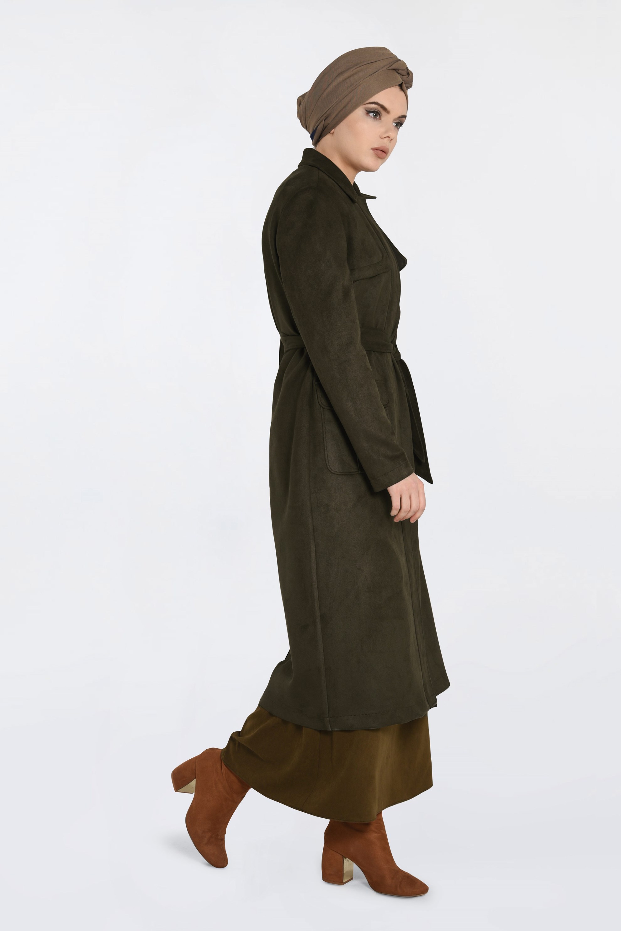 Tesettür giyim HAKİ BELİ KUŞAKLI SÜET KABAN 9781