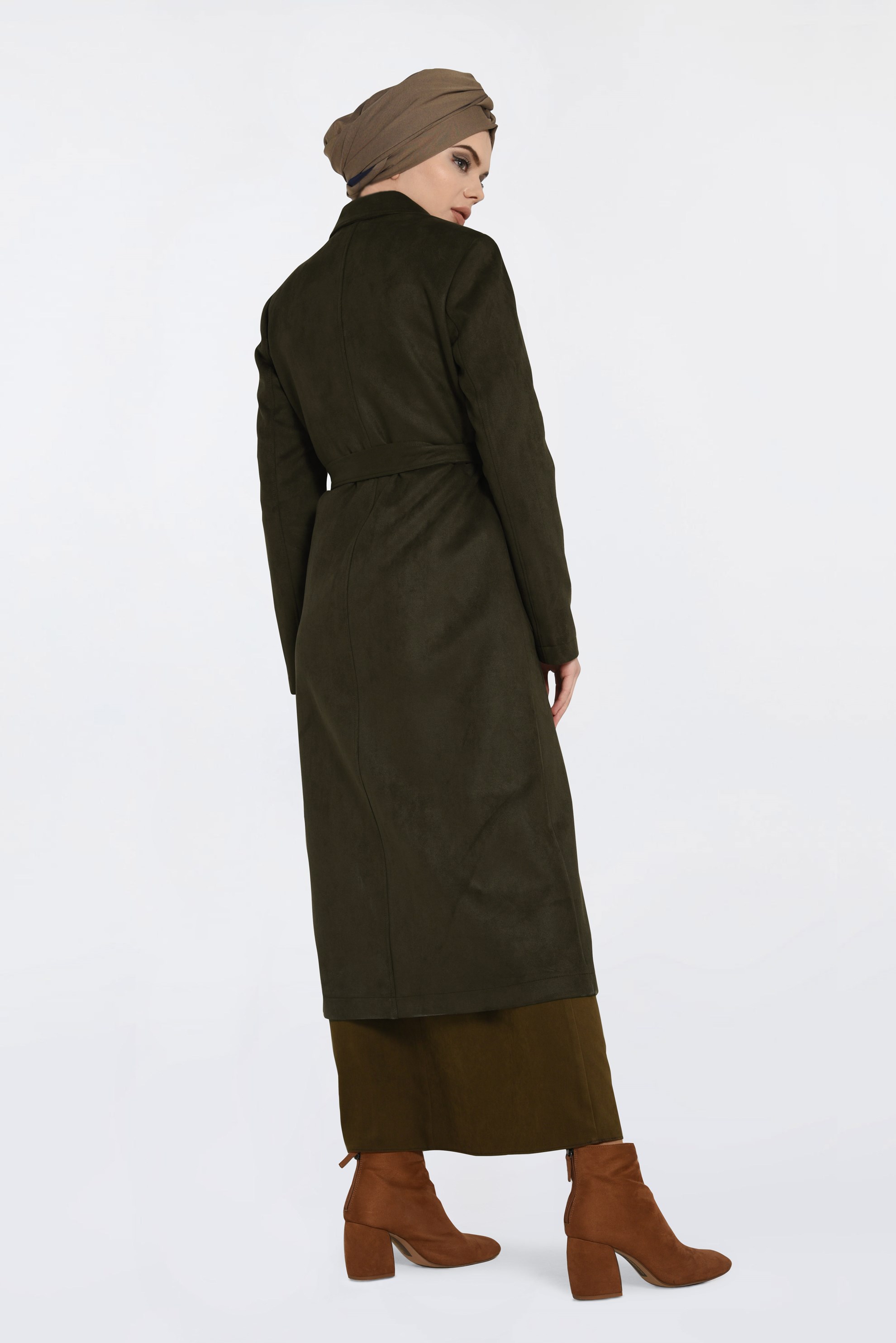 Tesettür giyim HAKİ BELİ KUŞAKLI SÜET KABAN 9781