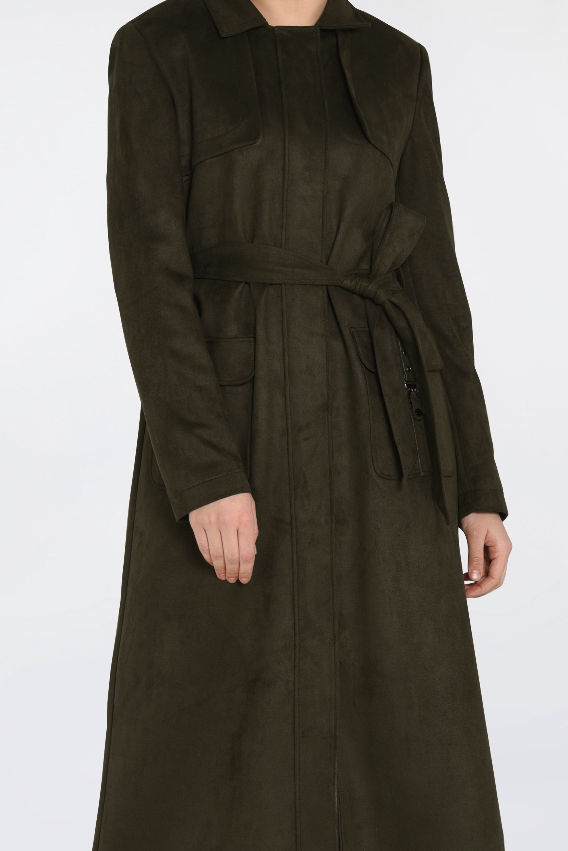 Tesettür giyim HAKİ BELİ KUŞAKLI SÜET KABAN 9781