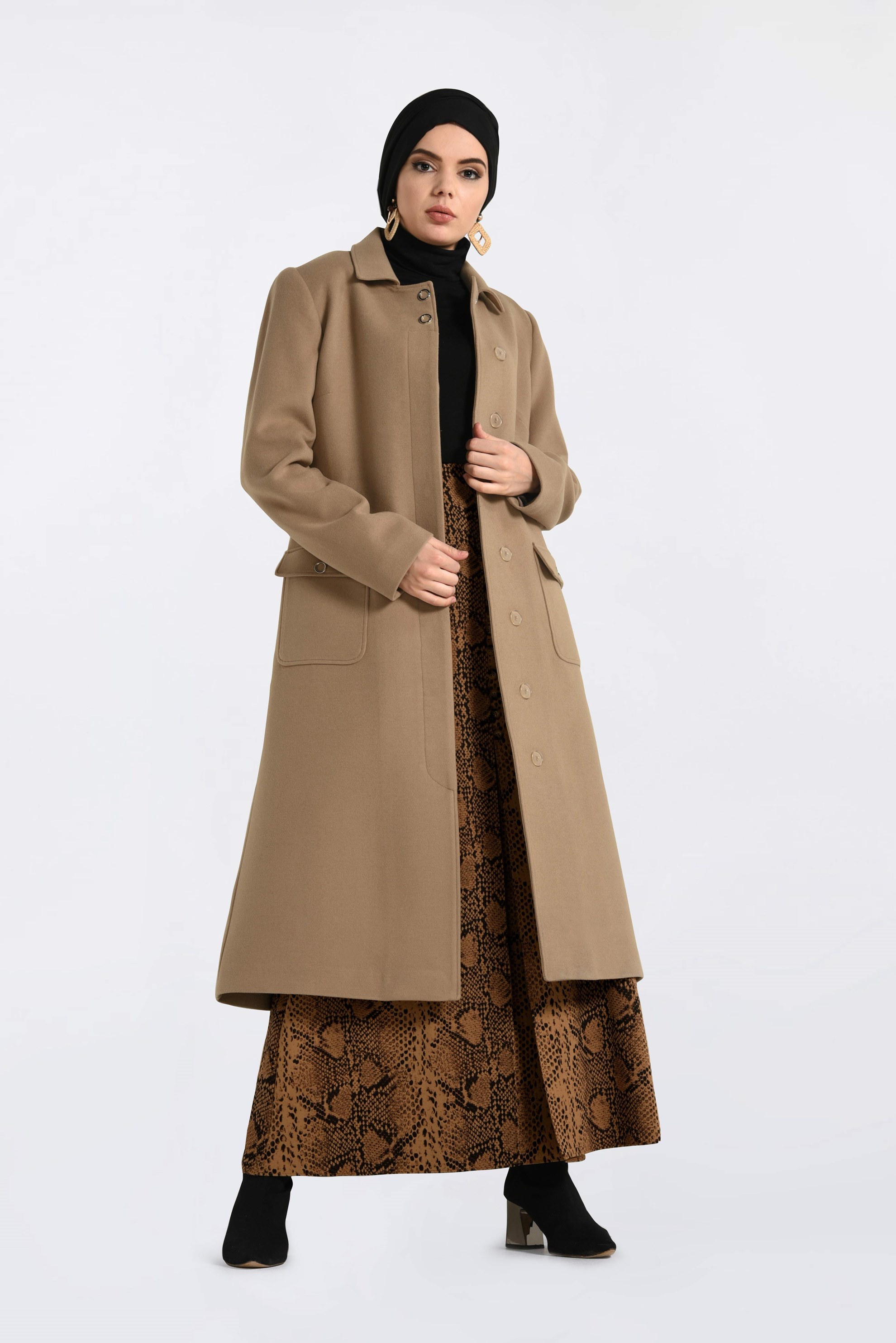 Tesettür giyim KAHVE GİZLİ DÜĞMELİ CEPLİ KABAN 9792 