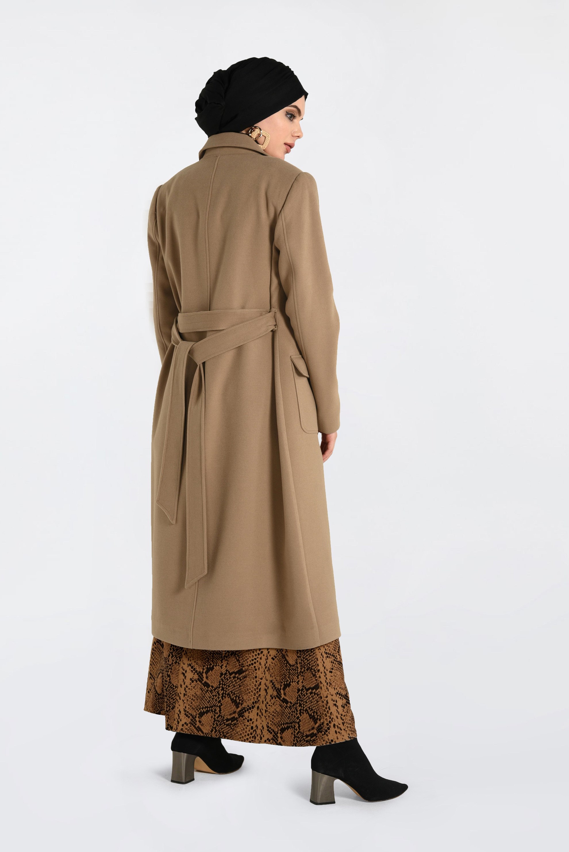 Tesettür giyim KAHVE GİZLİ DÜĞMELİ CEPLİ KABAN 9792 