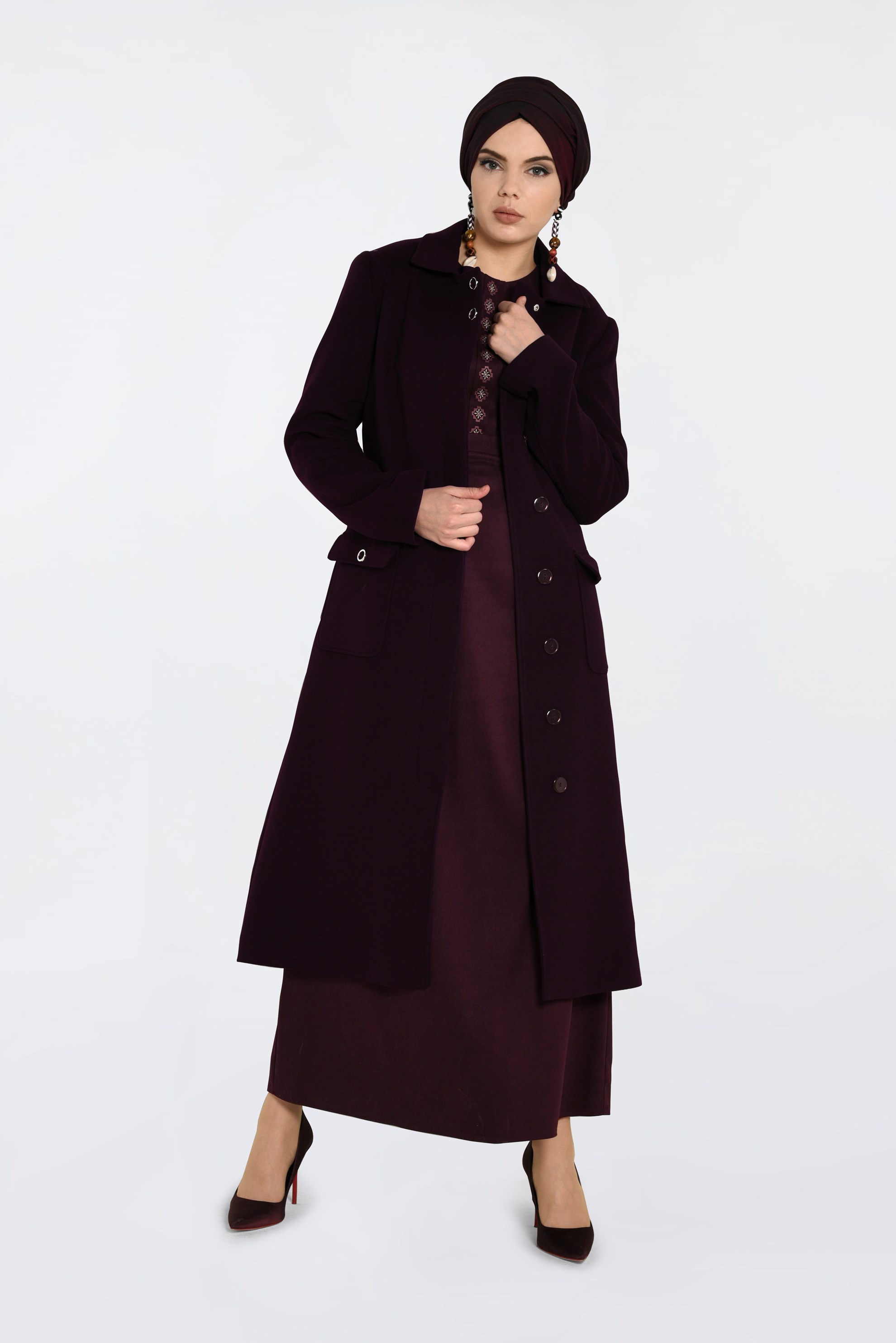 Tesettür giyim MÜRDÜM GİZLİ DÜĞMELİ CEPLİ KABAN 9792 