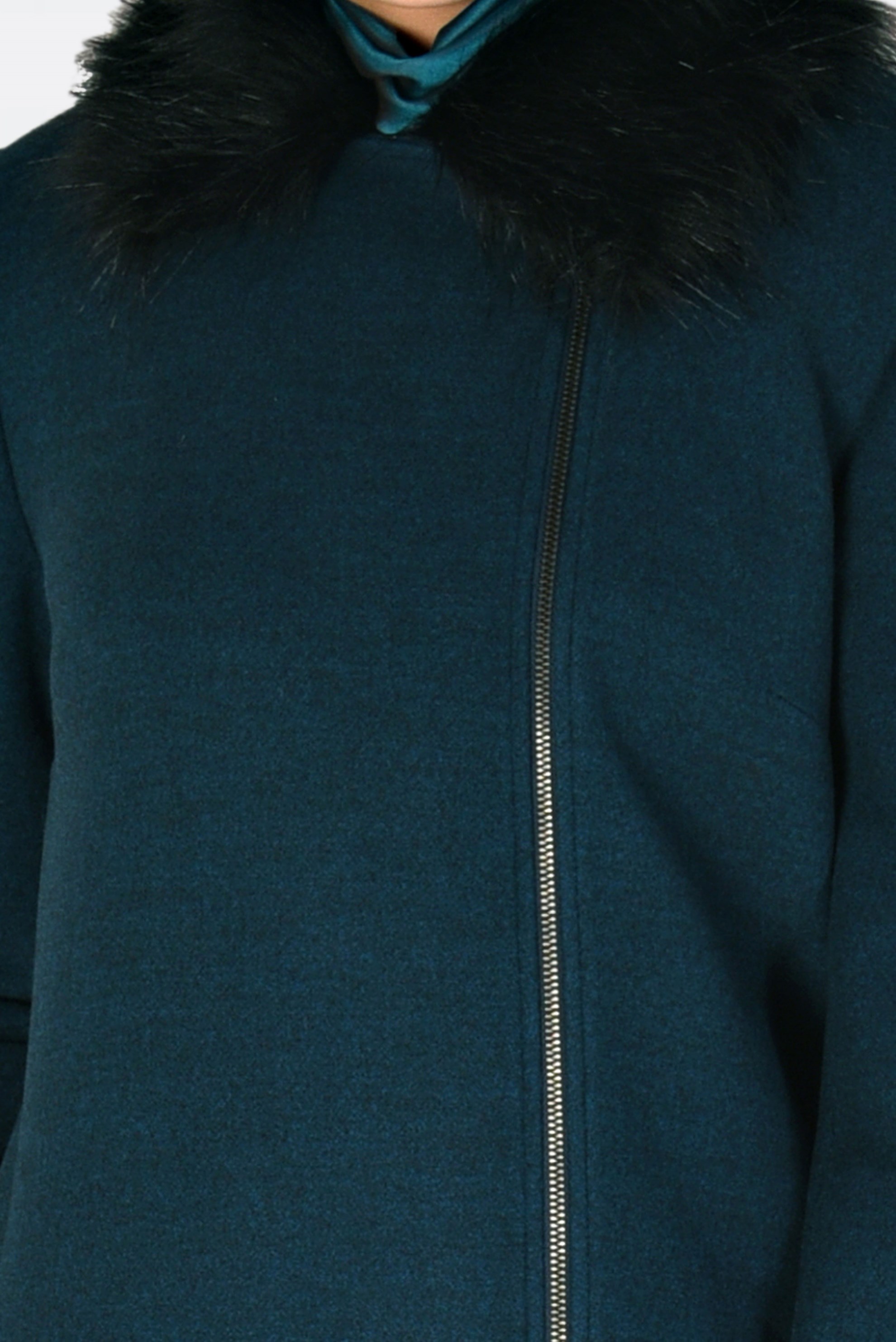 Tesettür giyim MAVİ YAKASI KÜRKLÜ FERMUARLI KABAN 9794