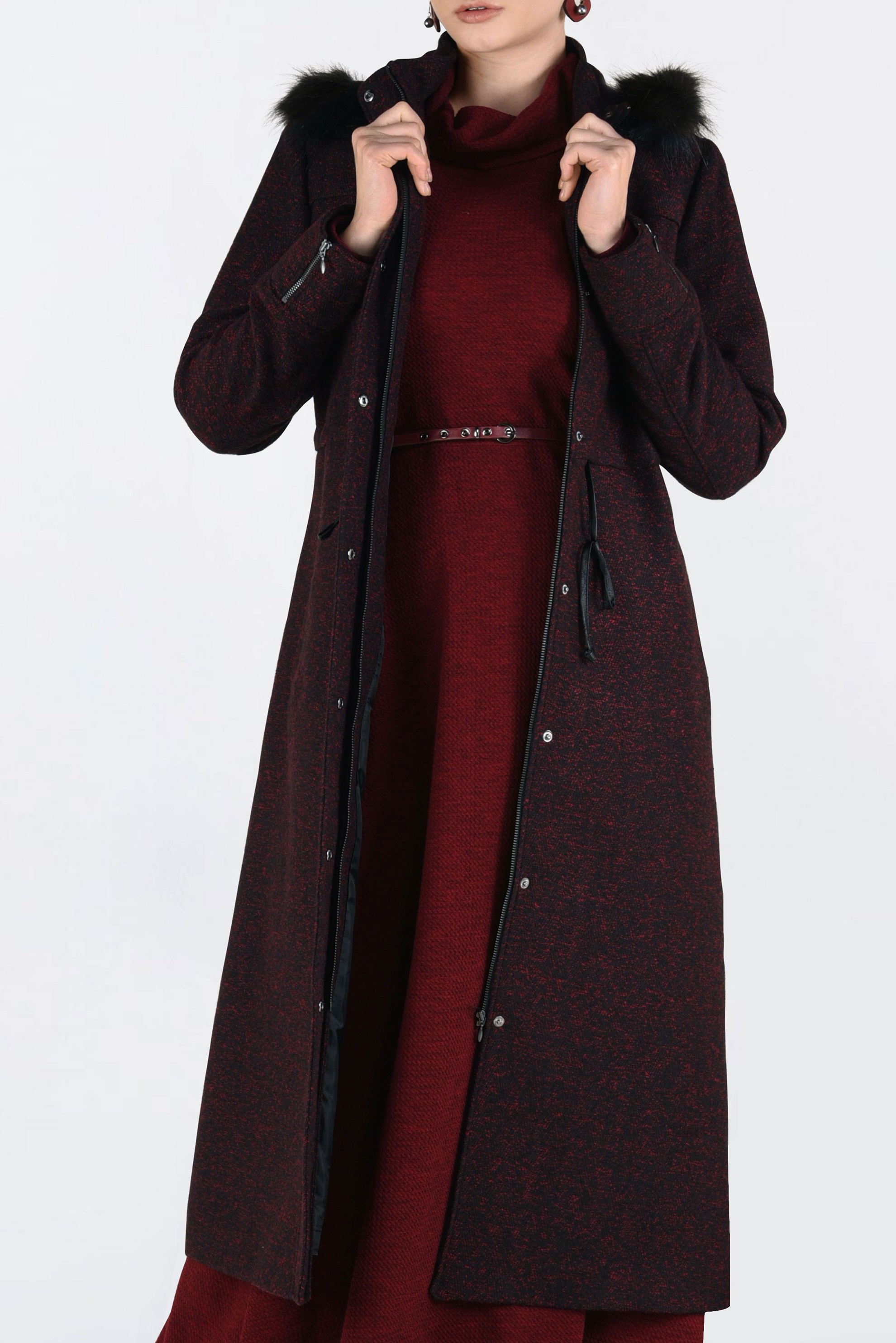 Tesettür giyim SİYAH BELİ BÜZGÜLÜ KIRÇILLI KABAN 9795