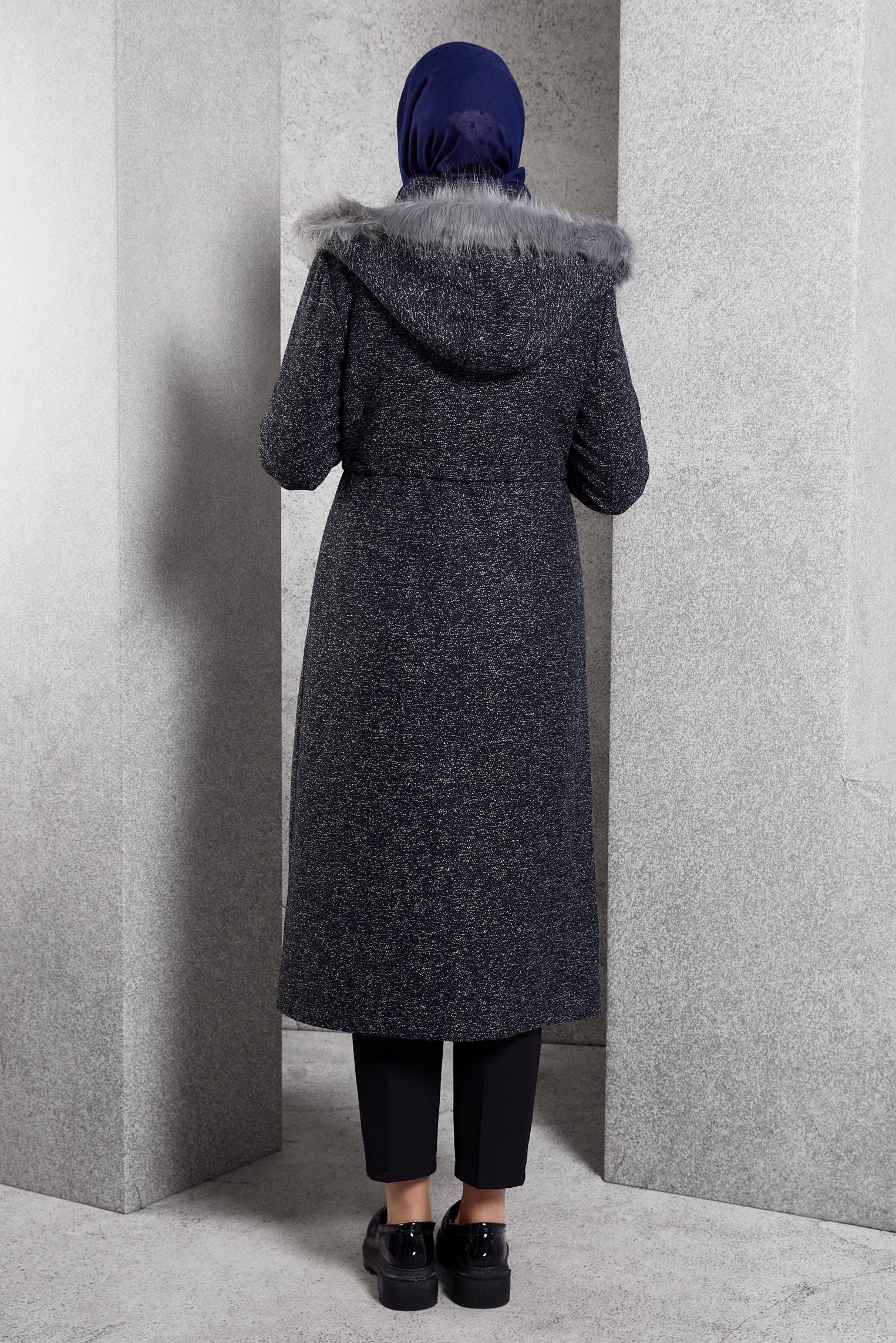 Tesettür giyim LACİVERT BELİ BÜZGÜLÜ KIRÇILLI KABAN 9795