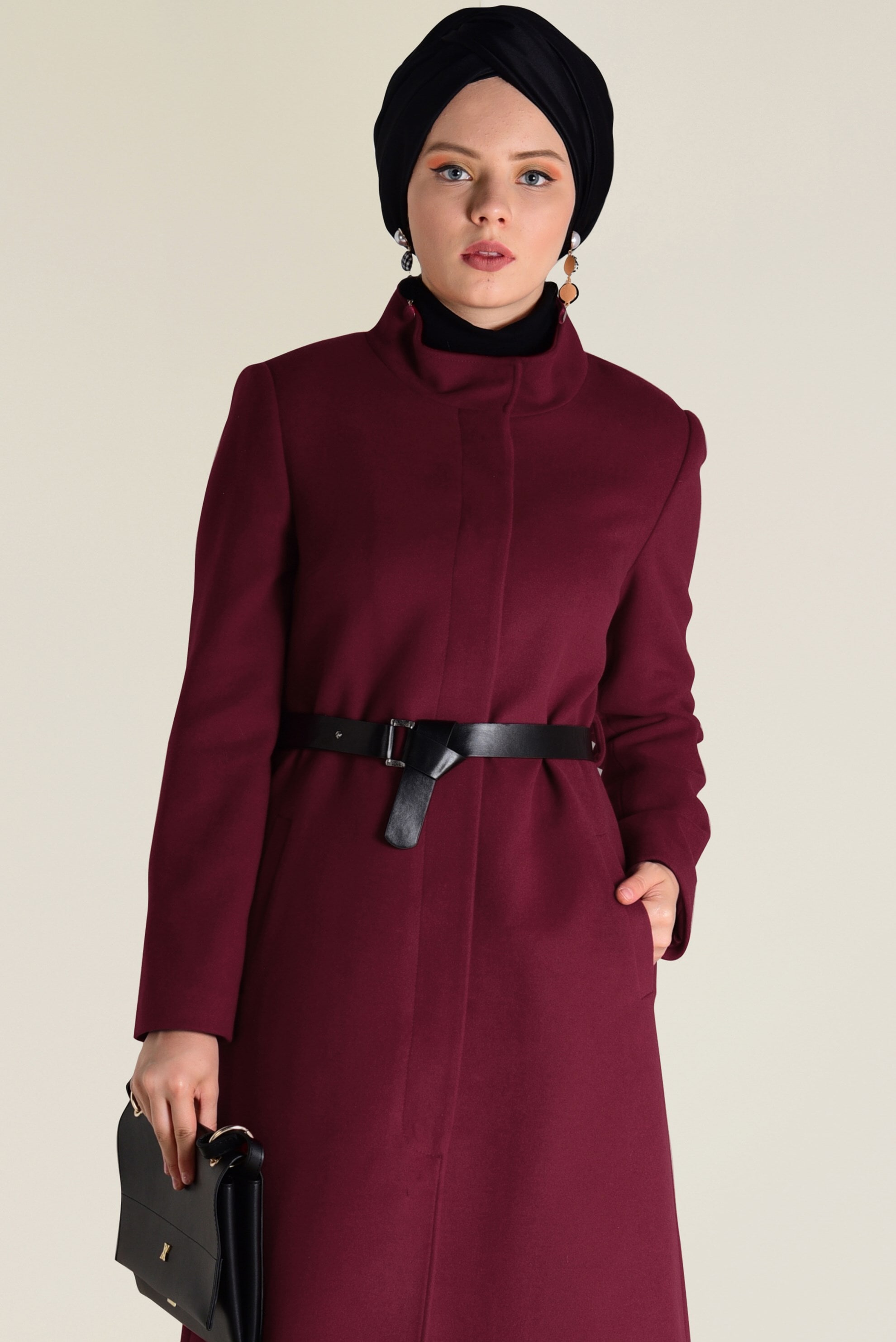 Tesettür giyim BORDO HAKİM YAKA KAŞE KABAN 9798 