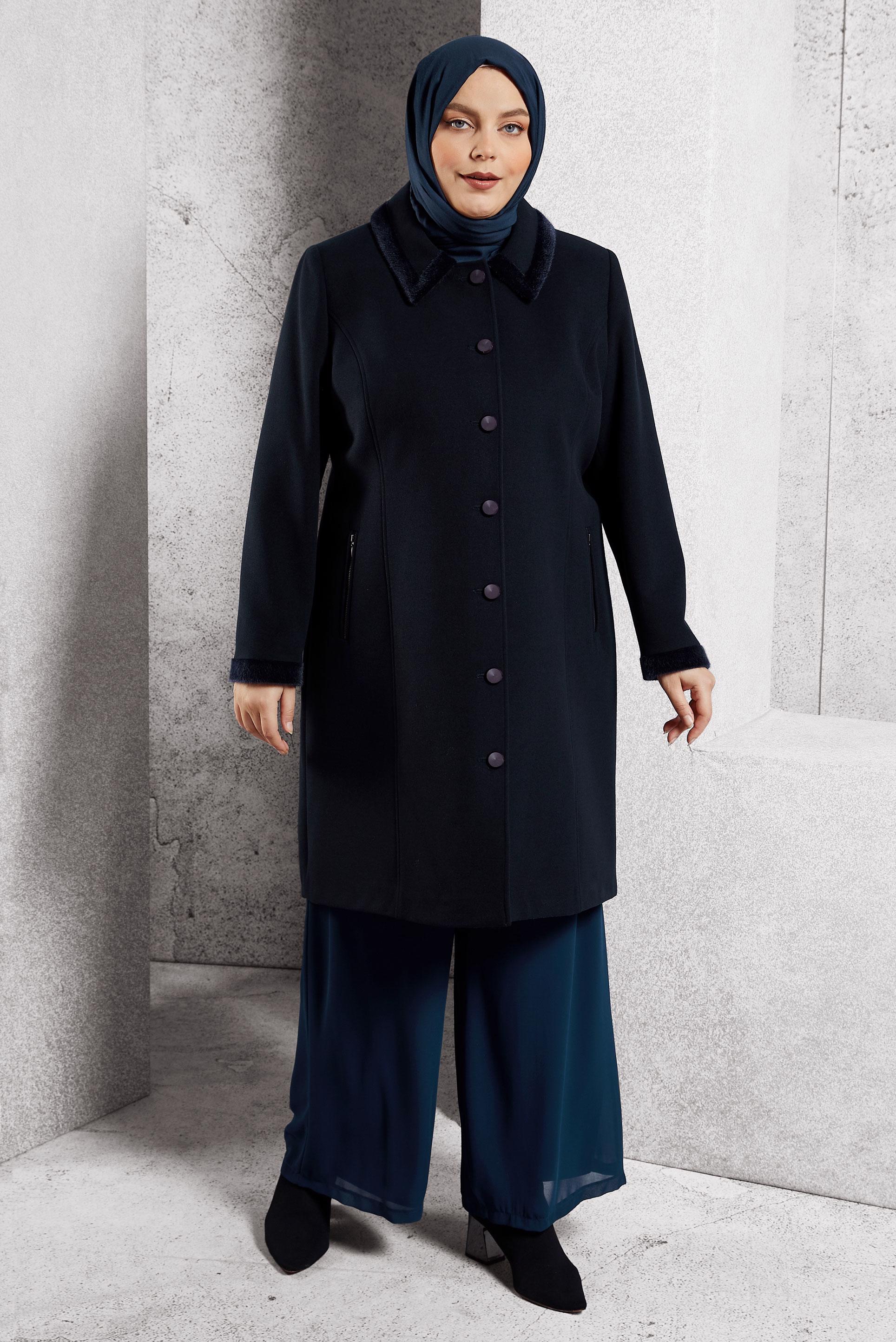Tesettür giyim LACİVERT DÜĞMELİ KAŞE KABAN 9809 