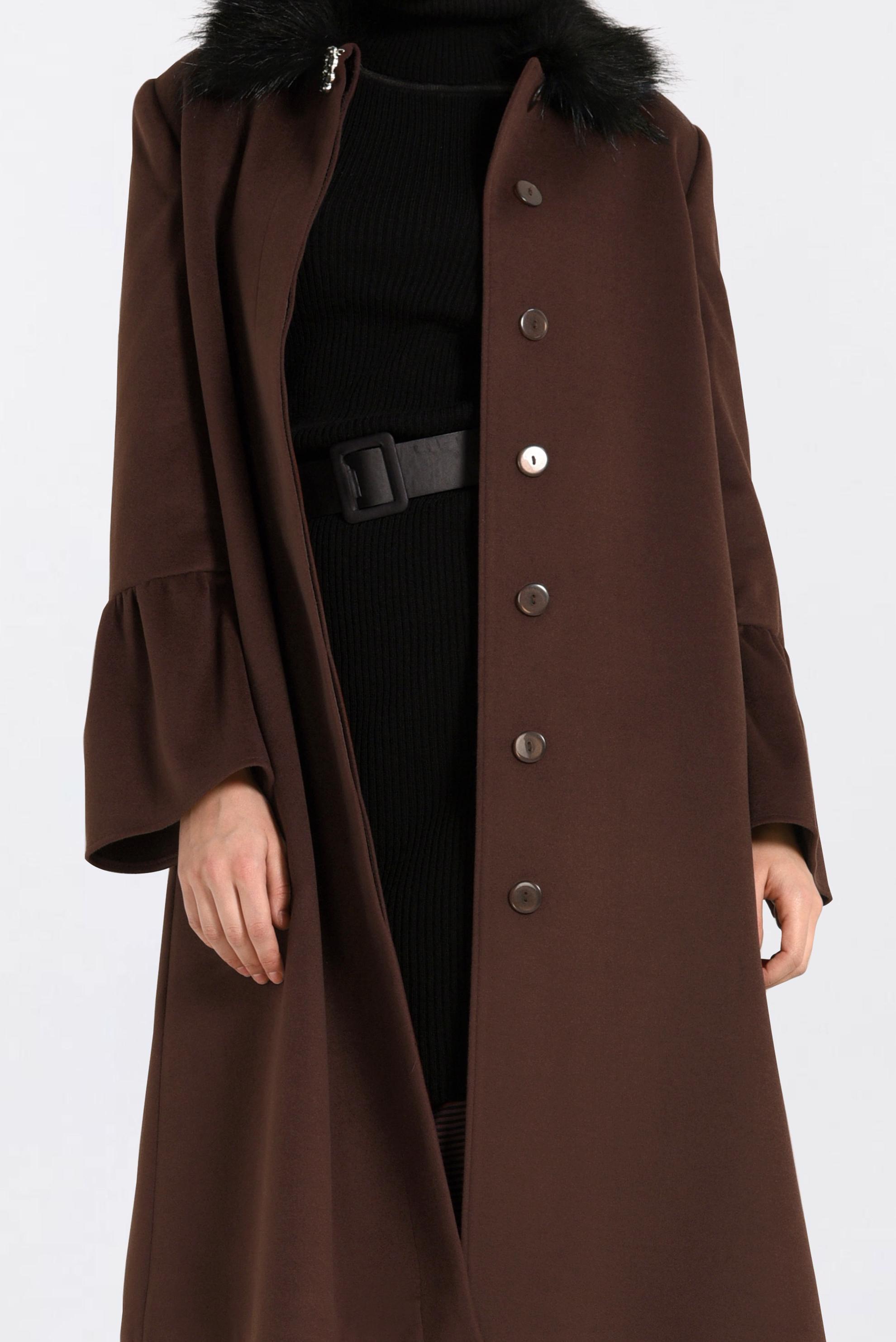 Tesettür giyim TURUNCU YAKASI KÜRKLÜ KOLLARI VOLANLI KABAN 9815 