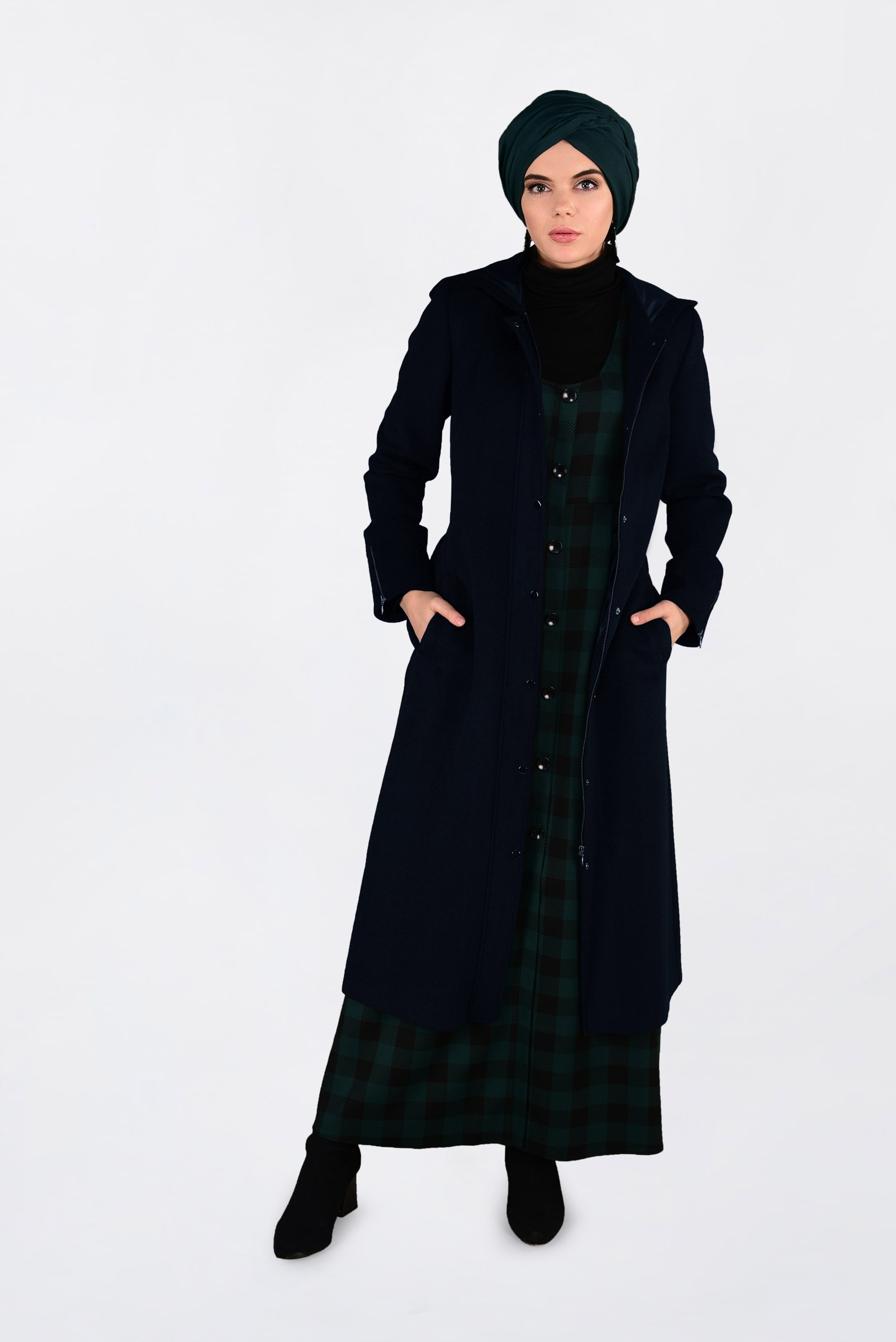 Tesettür giyim LACİVERT FERMUARLI KAPÜŞONLU KAŞE KABAN 9816