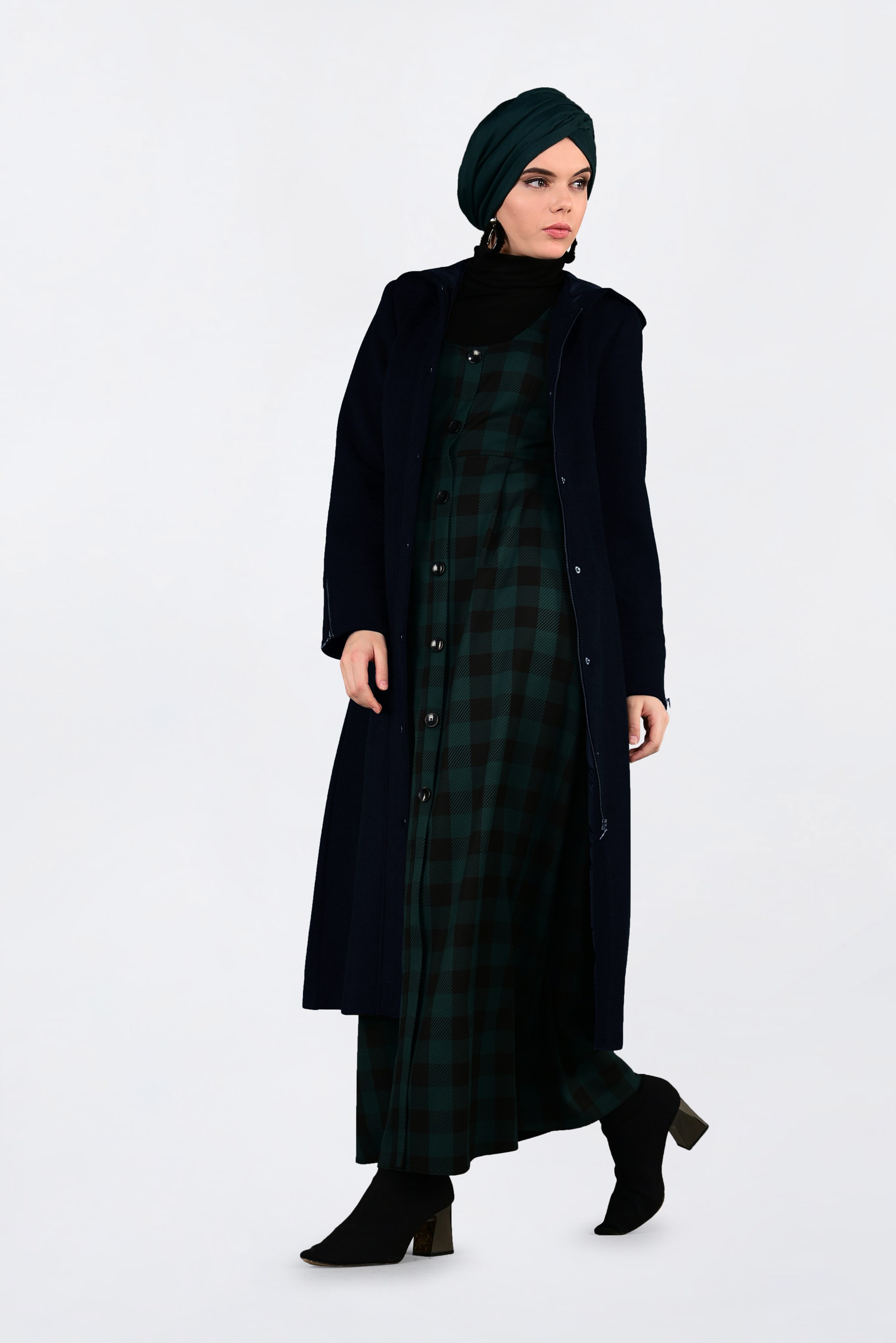 Tesettür giyim LACİVERT FERMUARLI KAPÜŞONLU KAŞE KABAN 9816