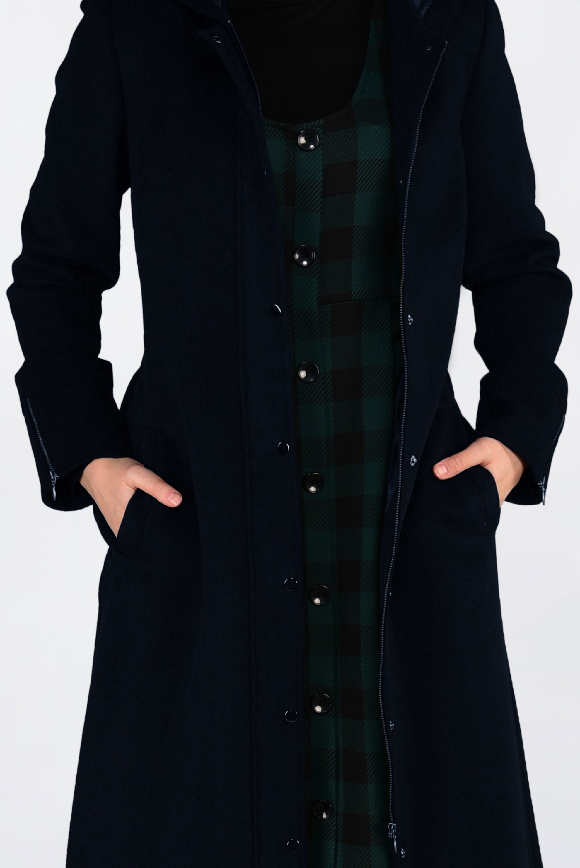 Tesettür giyim LACİVERT FERMUARLI KAPÜŞONLU KAŞE KABAN 9816