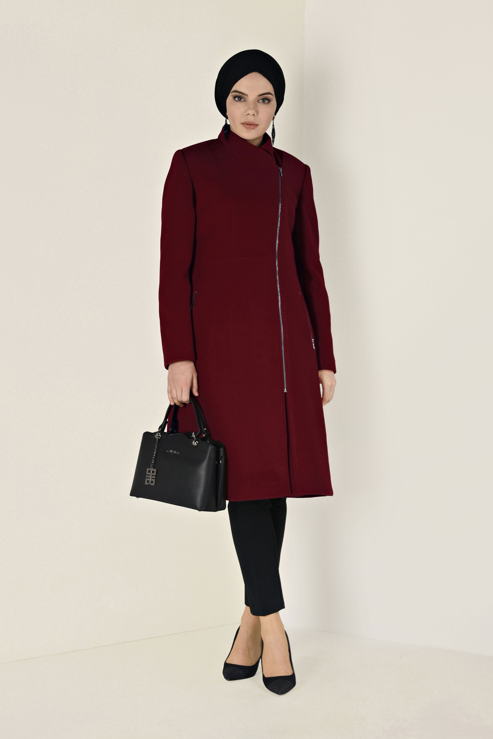 Tesettür giyim BORDO HAKİM YAKA FERMUARLI KABAN 9818 