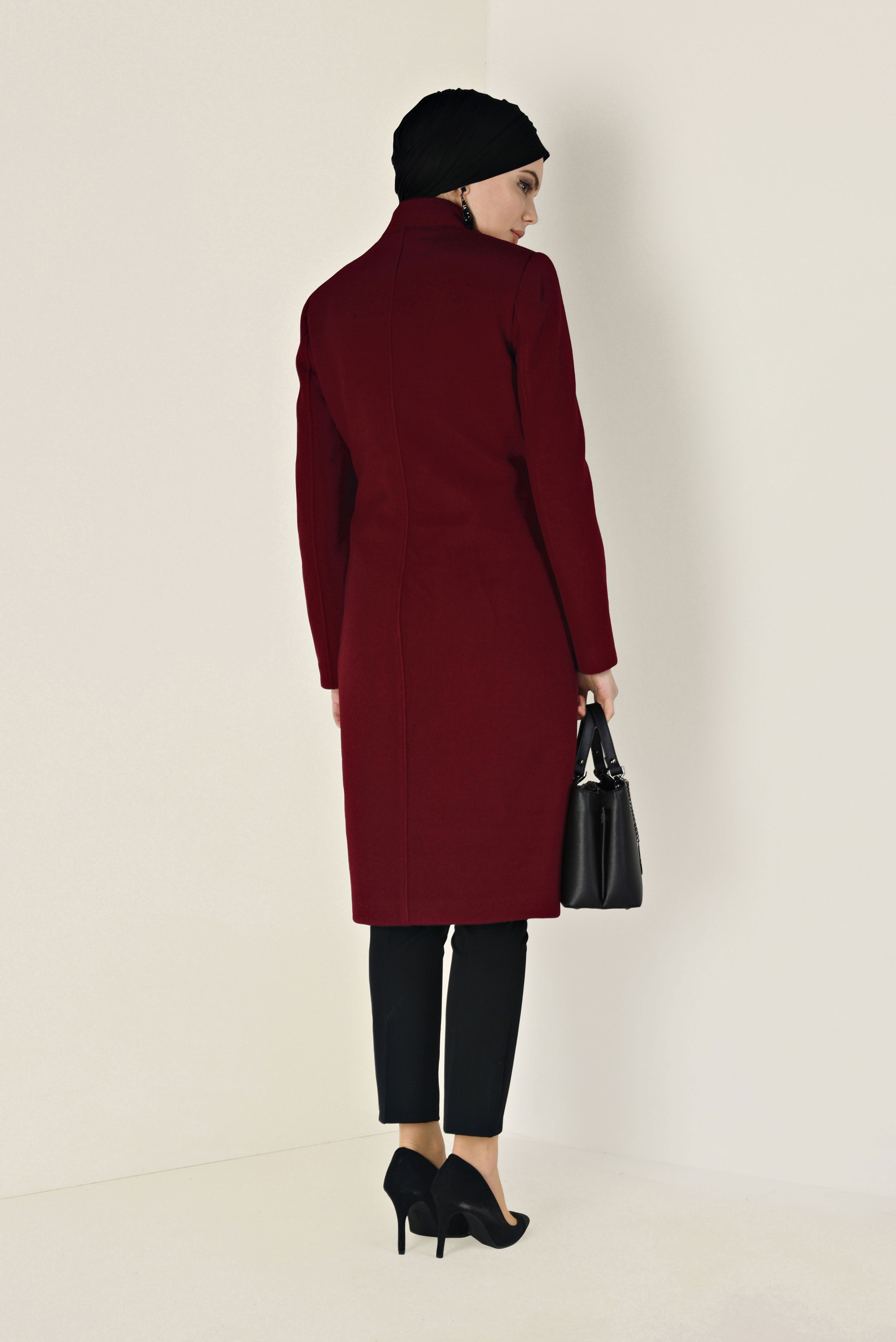 Tesettür giyim BORDO HAKİM YAKA FERMUARLI KABAN 9818 