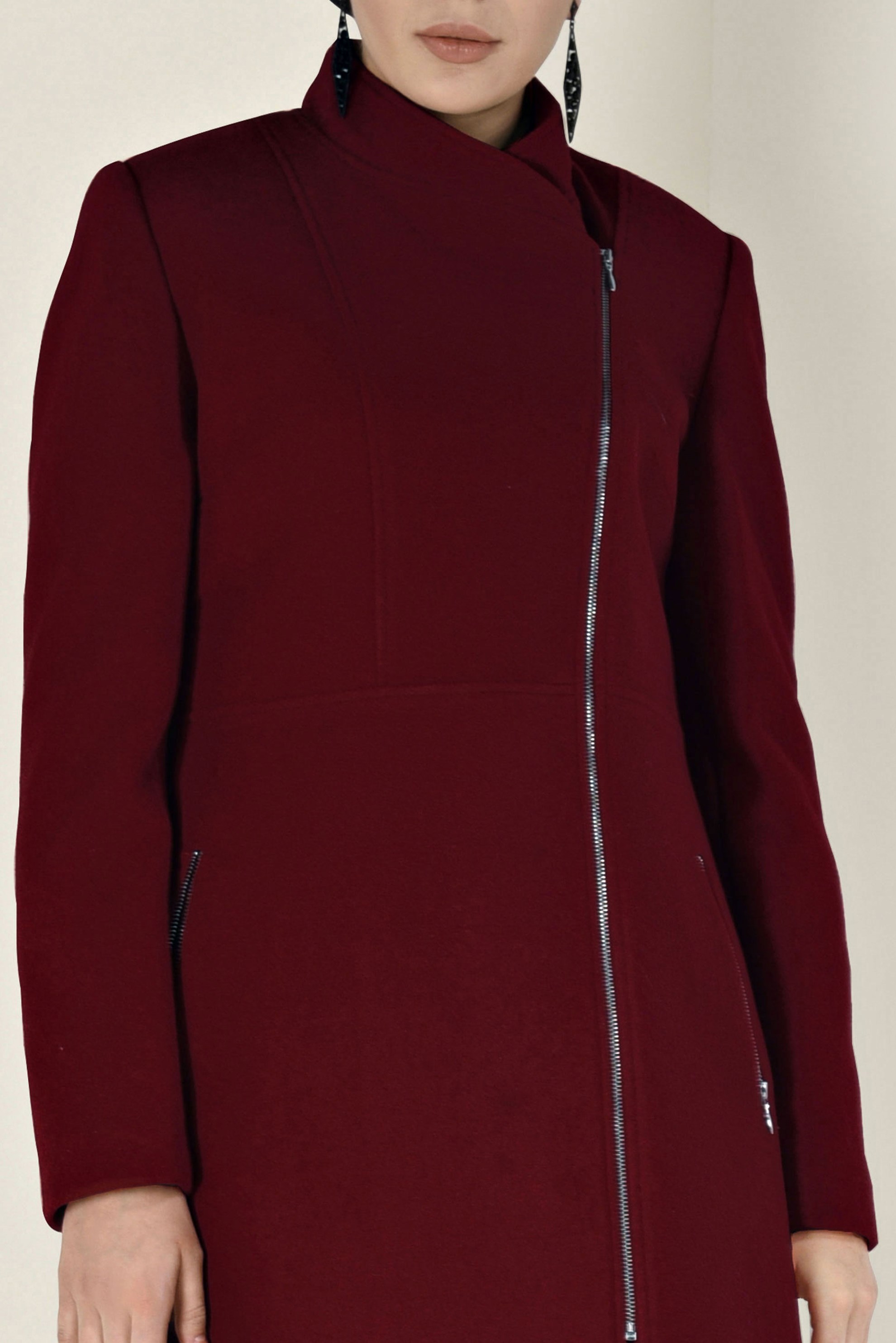 Tesettür giyim BORDO HAKİM YAKA FERMUARLI KABAN 9818 