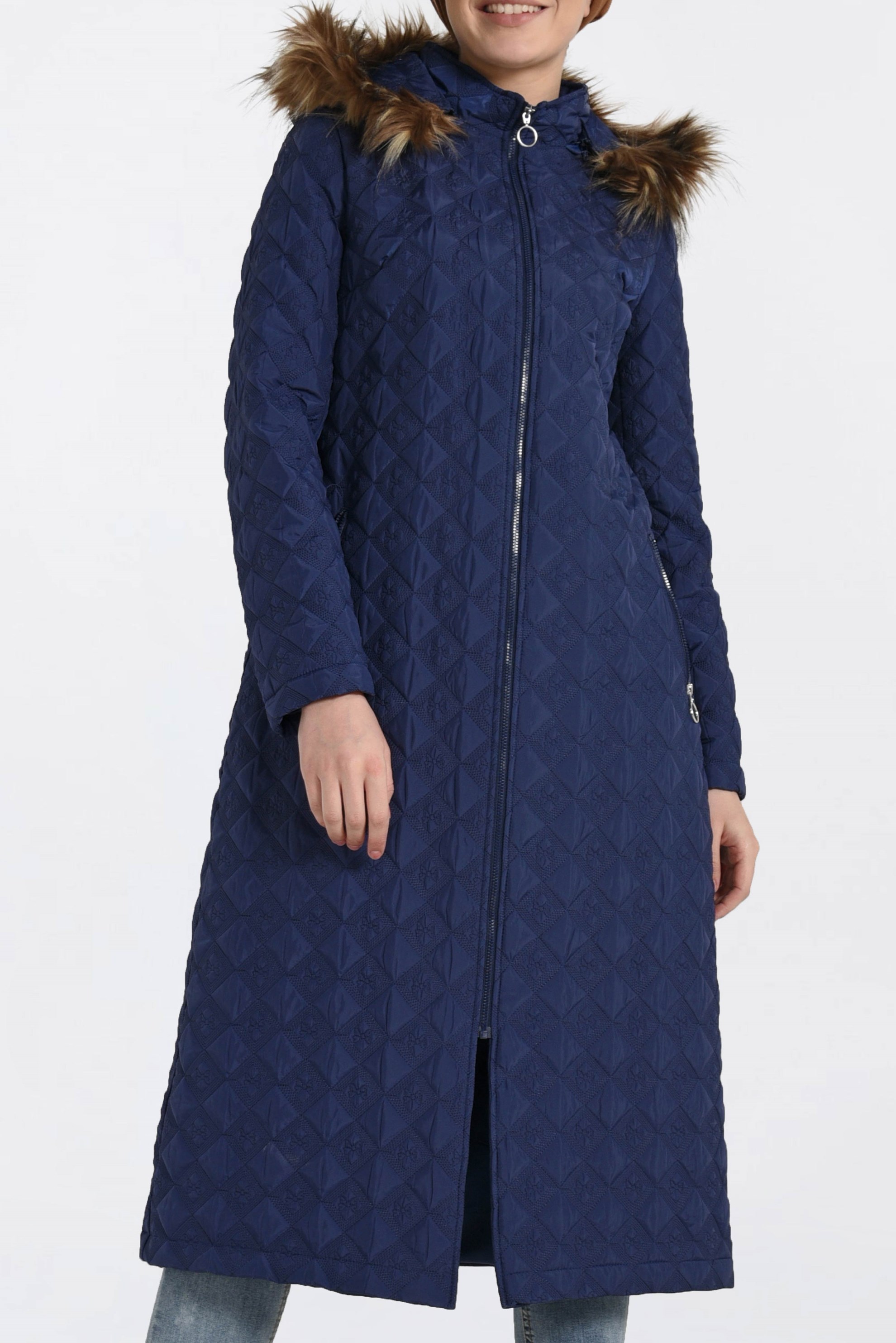 Tesettür giyim LACİVERT KAPÜŞONU KÜRKLÜ FERMUARLI KABAN 9827