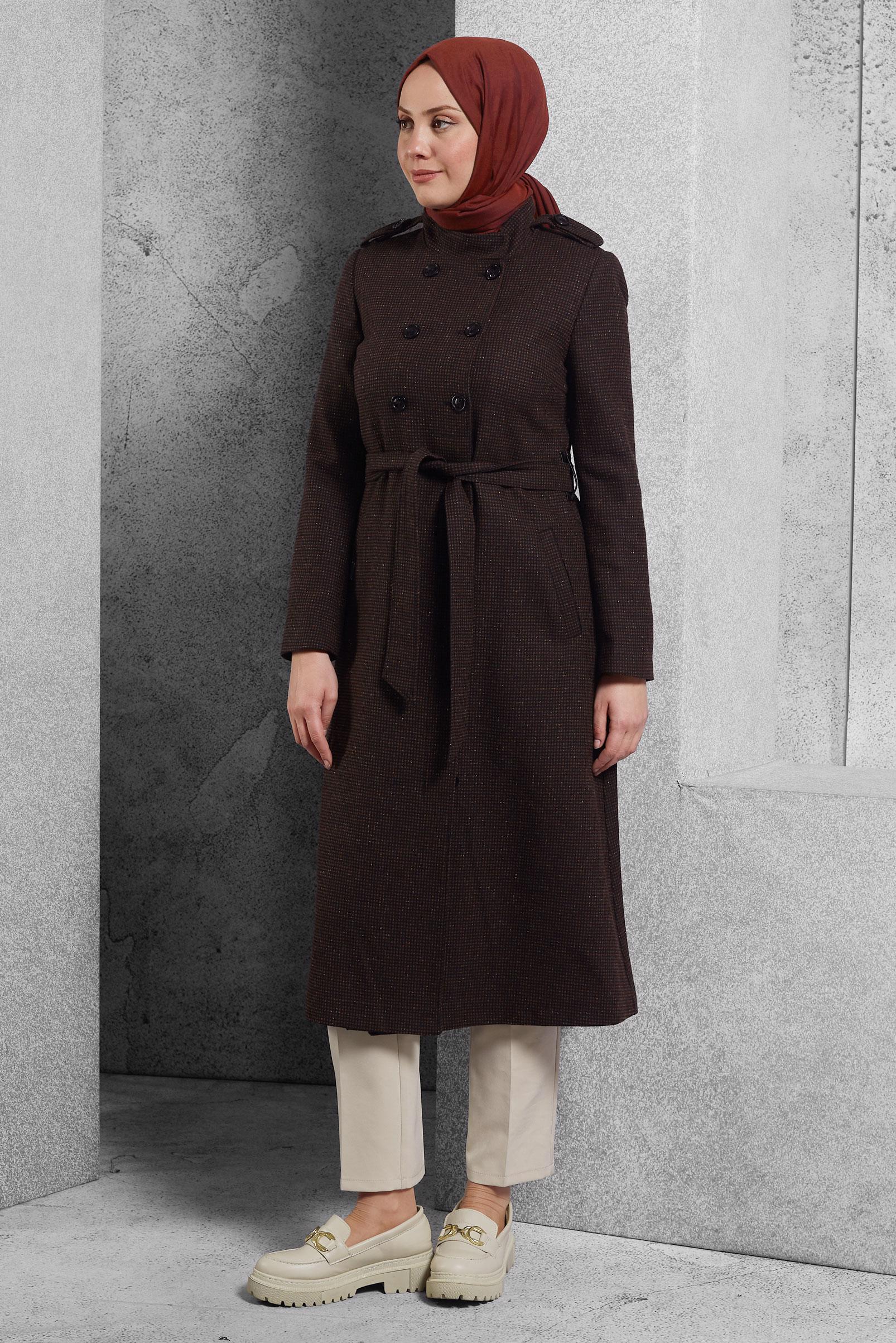 Tesettür giyim BORDO DİK YAKA KABAN 9832