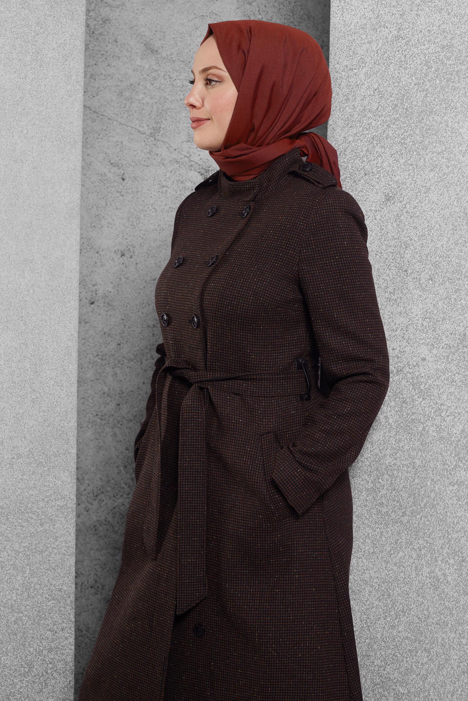 Tesettür giyim BORDO DİK YAKA KABAN 9832