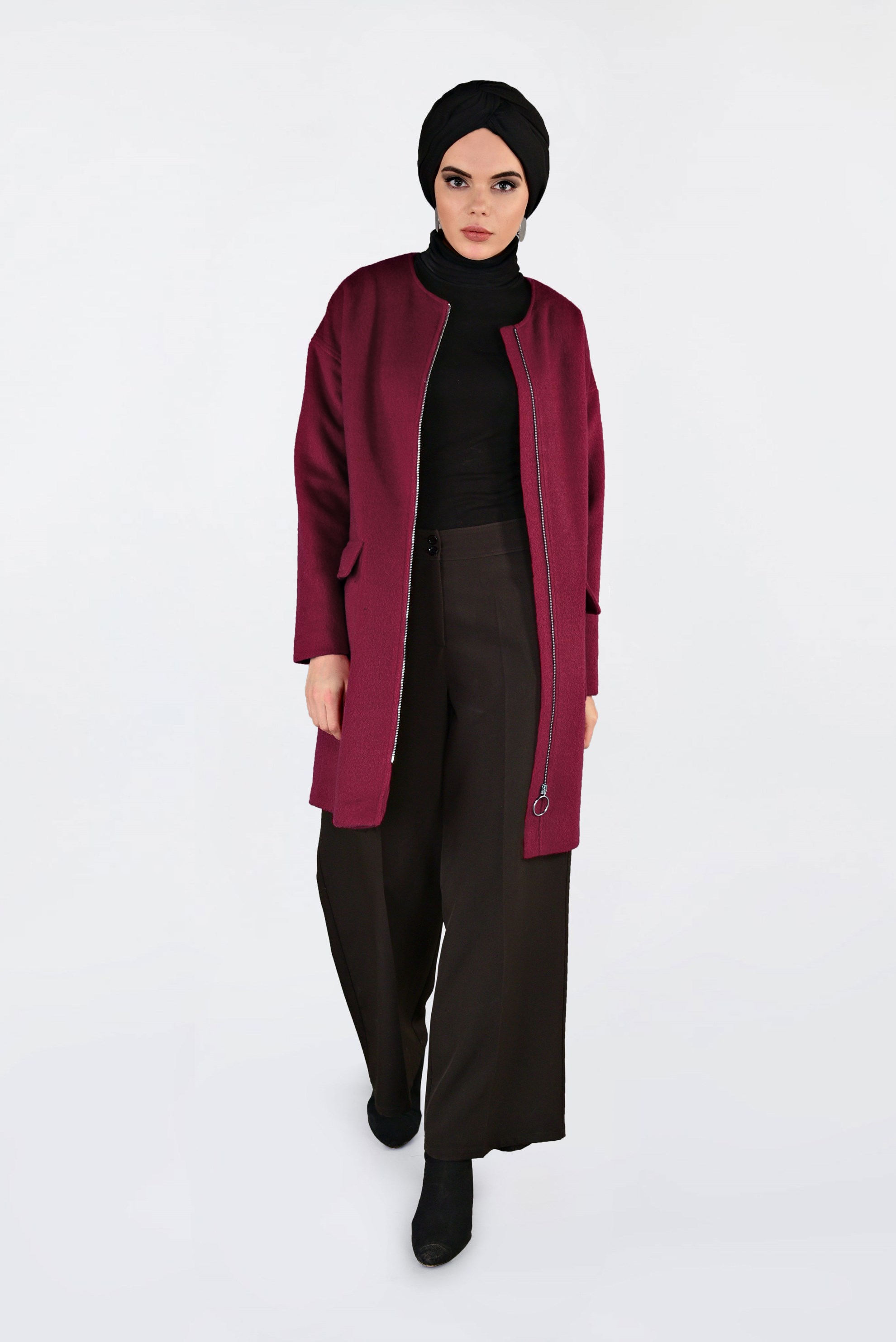 Tesettür giyim KIRMIZI BİSİKLET YAKA KAŞE KABAN 9835