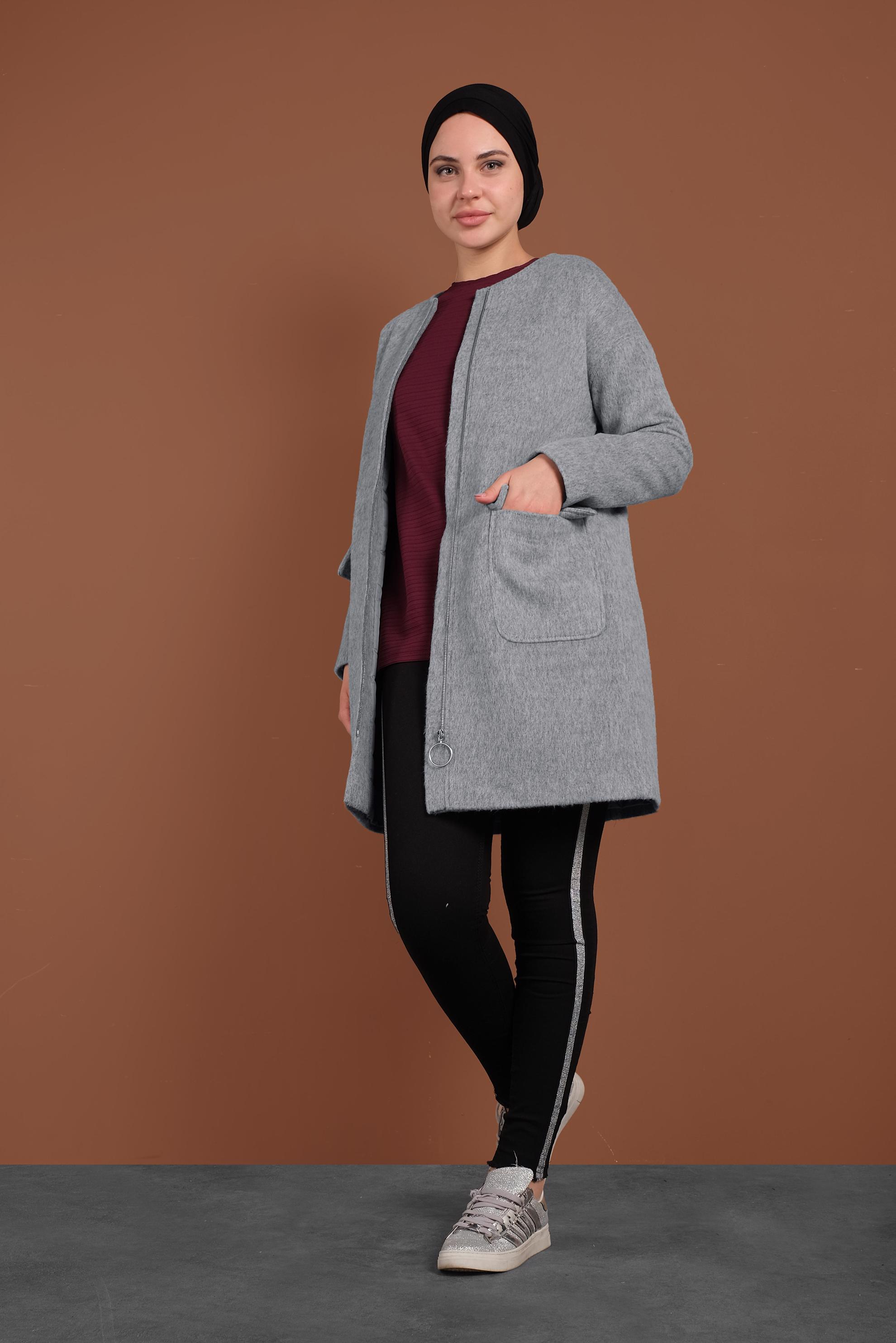 Tesettür giyim GRİ BİSİKLET YAKA KAŞE KABAN 9835