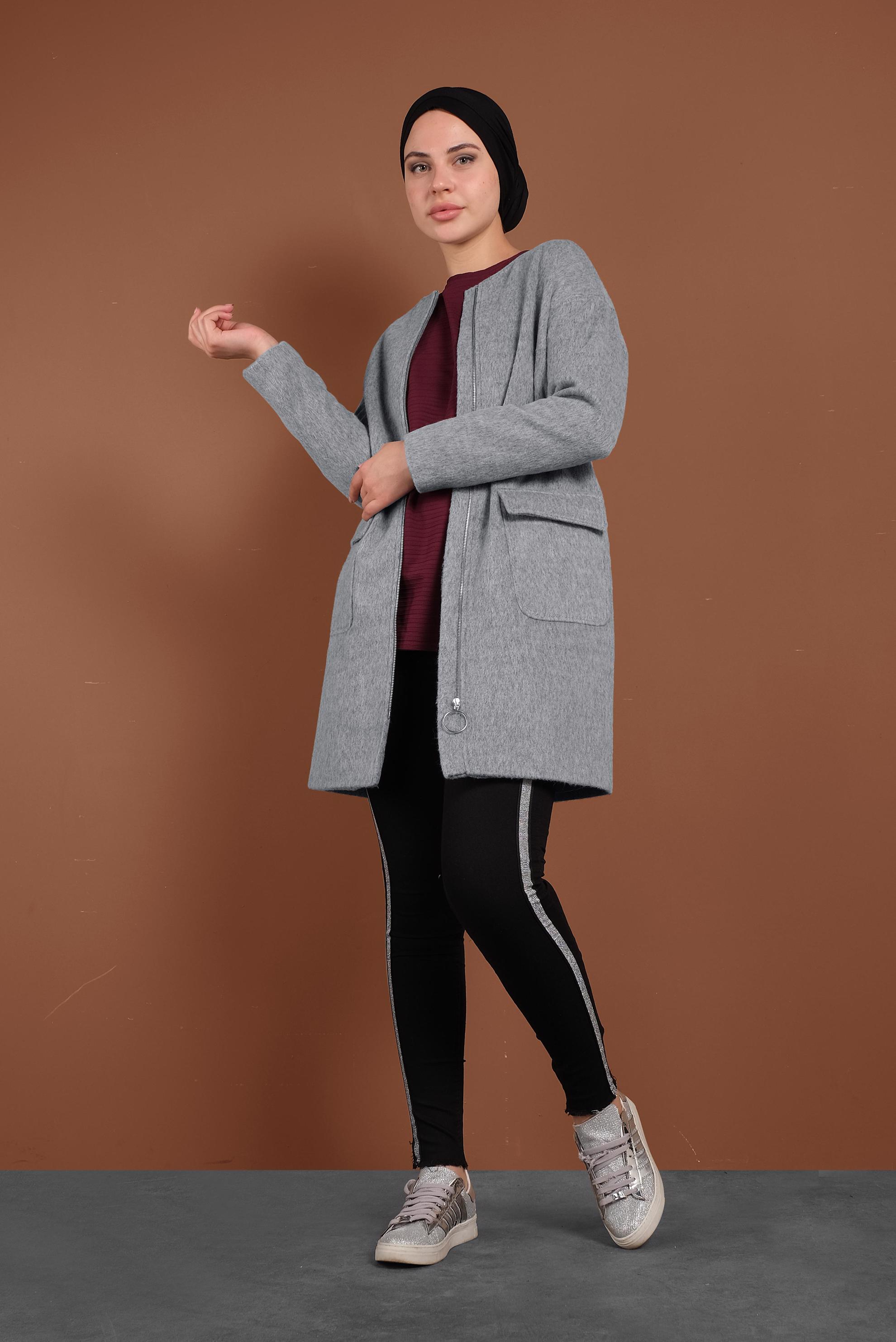 Tesettür giyim GRİ BİSİKLET YAKA KAŞE KABAN 9835