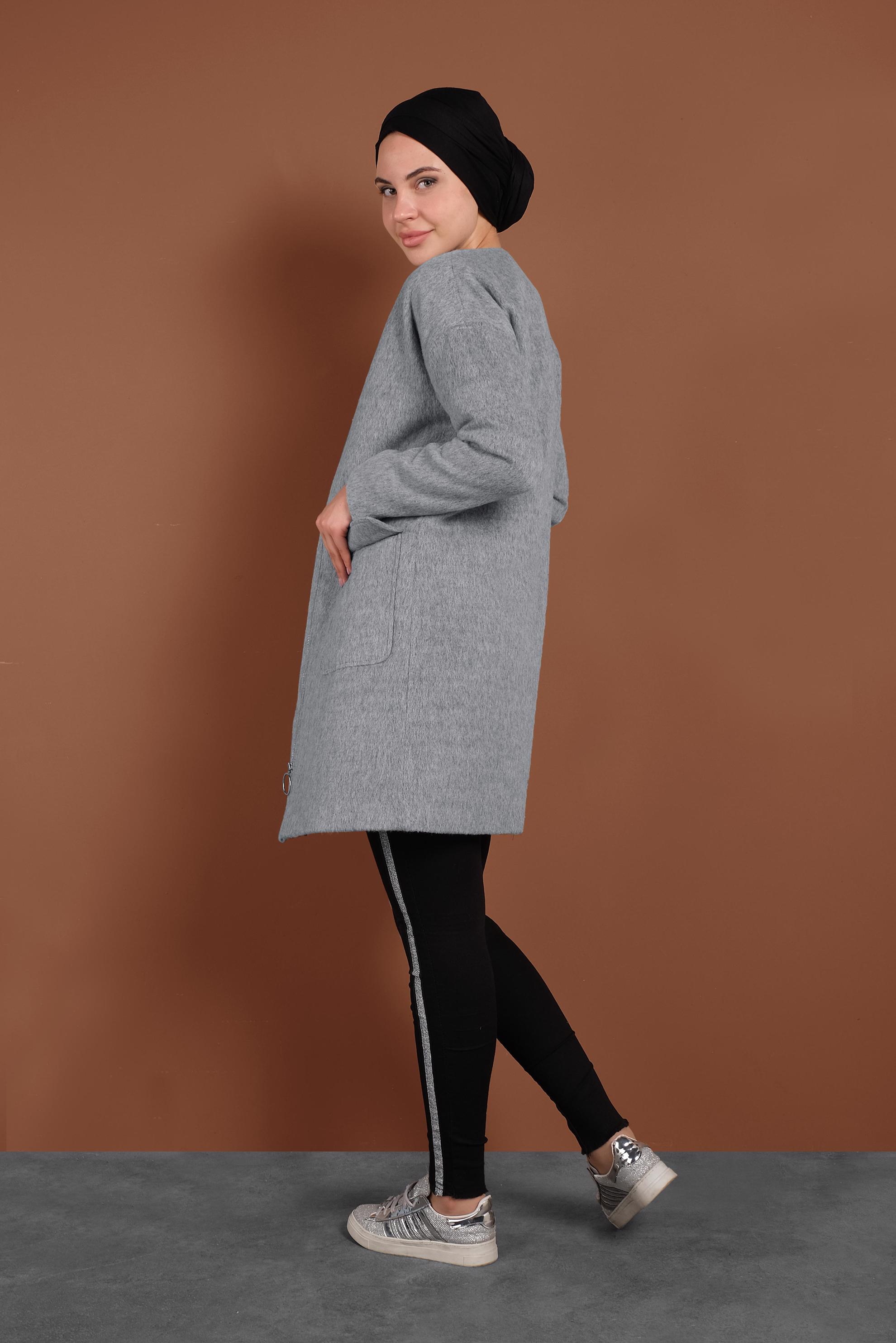 Tesettür giyim GRİ BİSİKLET YAKA KAŞE KABAN 9835