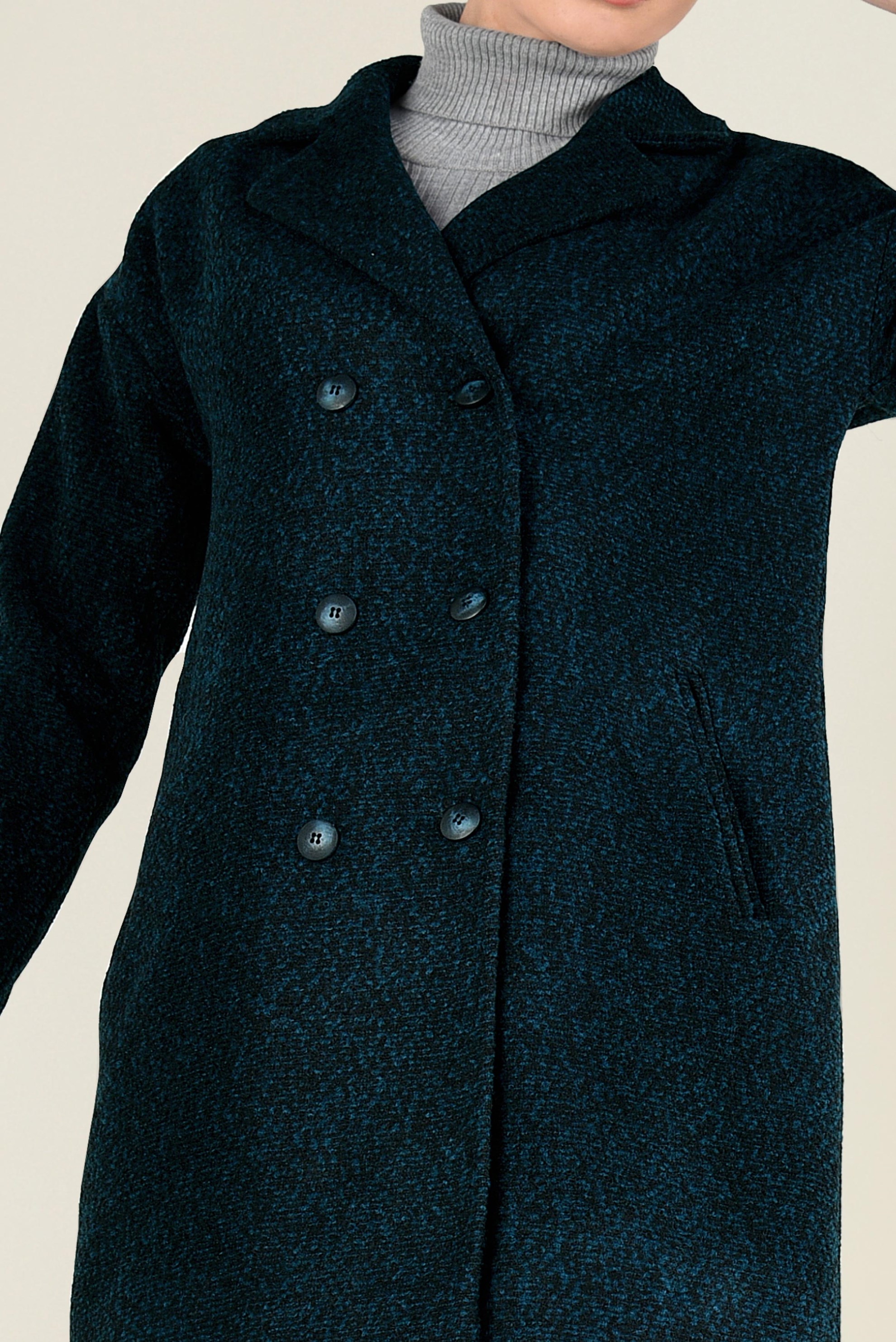 Tesettür giyim MAVİ KIRÇILLI YÜNLÜ KABAN 9833-1