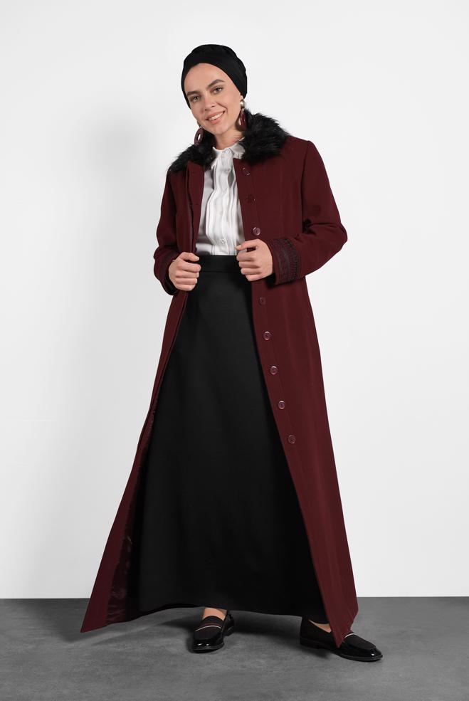 Hijab clothing CLARET RED FUR-COLLAR EMBROIDERED LONG WALKER COAT 9769 - ALVİNA