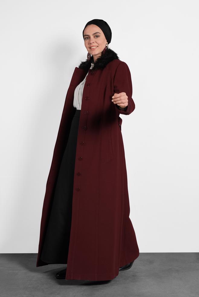 Hijab clothing CLARET RED FUR-COLLAR EMBROIDERED LONG WALKER COAT 9769 - ALVİNA
