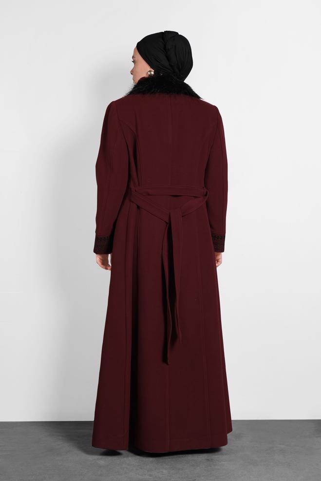 Hijab clothing CLARET RED FUR-COLLAR EMBROIDERED LONG WALKER COAT 9769 - ALVİNA