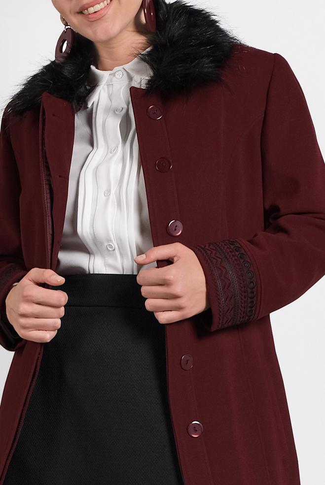 Hijab clothing CLARET RED FUR-COLLAR EMBROIDERED LONG WALKER COAT 9769 - ALVİNA
