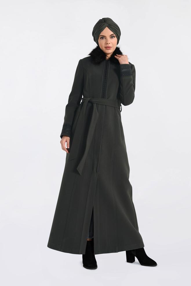Hijab clothing KHAKI FUR-COLLAR EMBROIDERED LONG WALKER COAT 9769 - ALVİNA