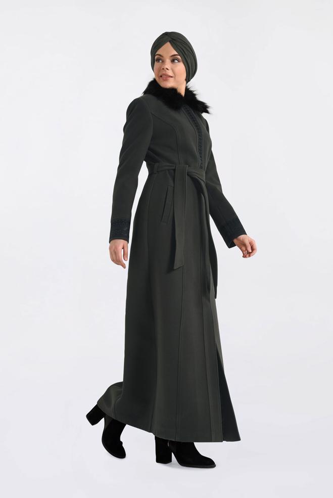 Hijab clothing KHAKI FUR-COLLAR EMBROIDERED LONG WALKER COAT 9769 - ALVİNA